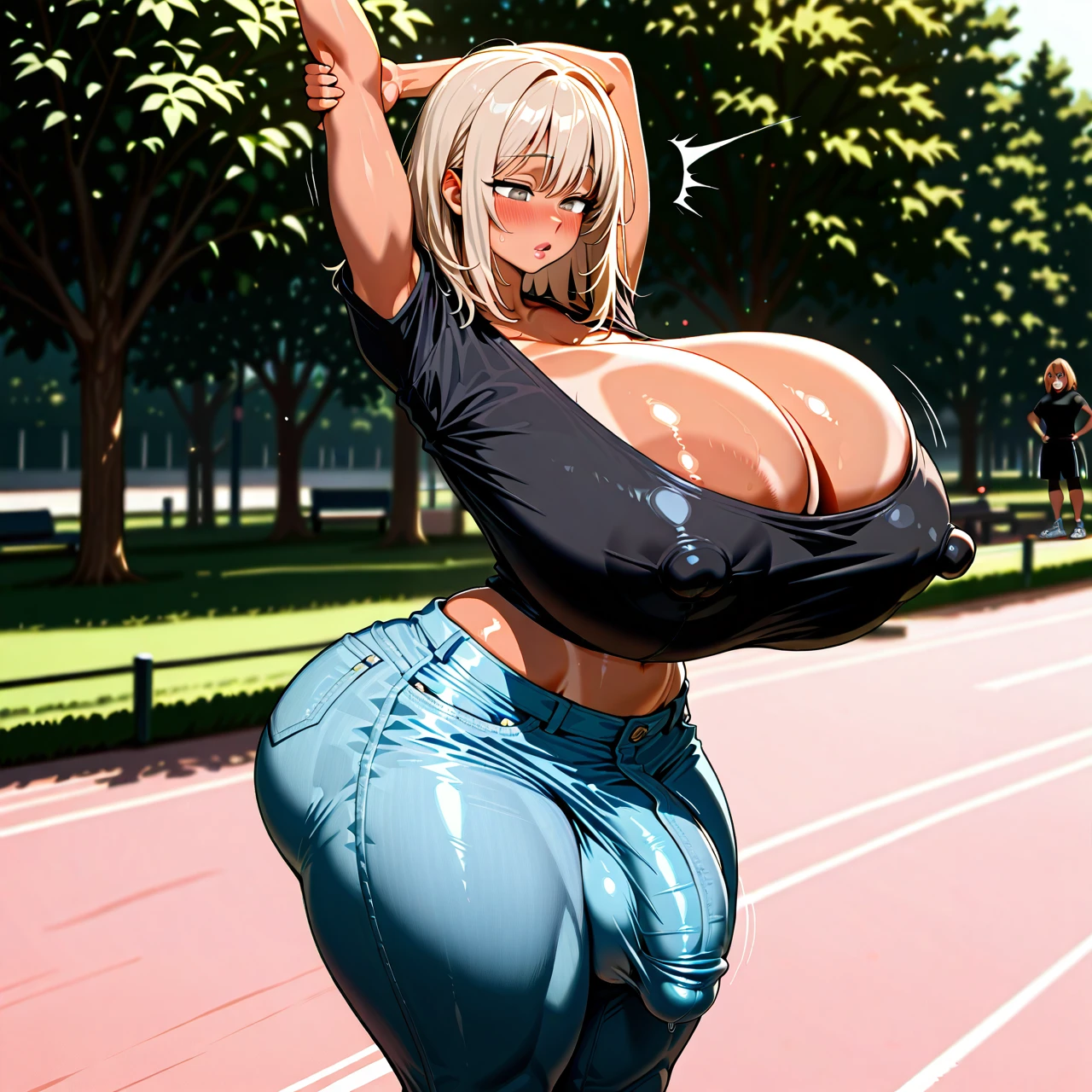 (@1futanari,tall curvy muscular futanari,tanned futanari,futanari taller,black-haired futanari,yellow-eyed futanari,shocked futanari,looking on girl,wearing black sport t-shirt and sport pants,huge cock bulge under pants,embarassed face,hands on hips,wide hips,thick thighs).(@1girl,curvy,skinny,voluptuous female,narrow body,narrow waist,narrow shoulders,narrow torso,hyper bottom heavy,huge hips,massive thighs,gigantic bubblebutt,gigantic breasts,white tight nipple-bulged top with cleavage, tight denim,sneakers,shy,half-closed eyes,light-brown medium hair,grey eyes,giant puffy lips,blush,butt too big,standing,stretching her back,(arms_up) ,crooked back,tight pussy),girl and futanari standing together,height difference,park,night