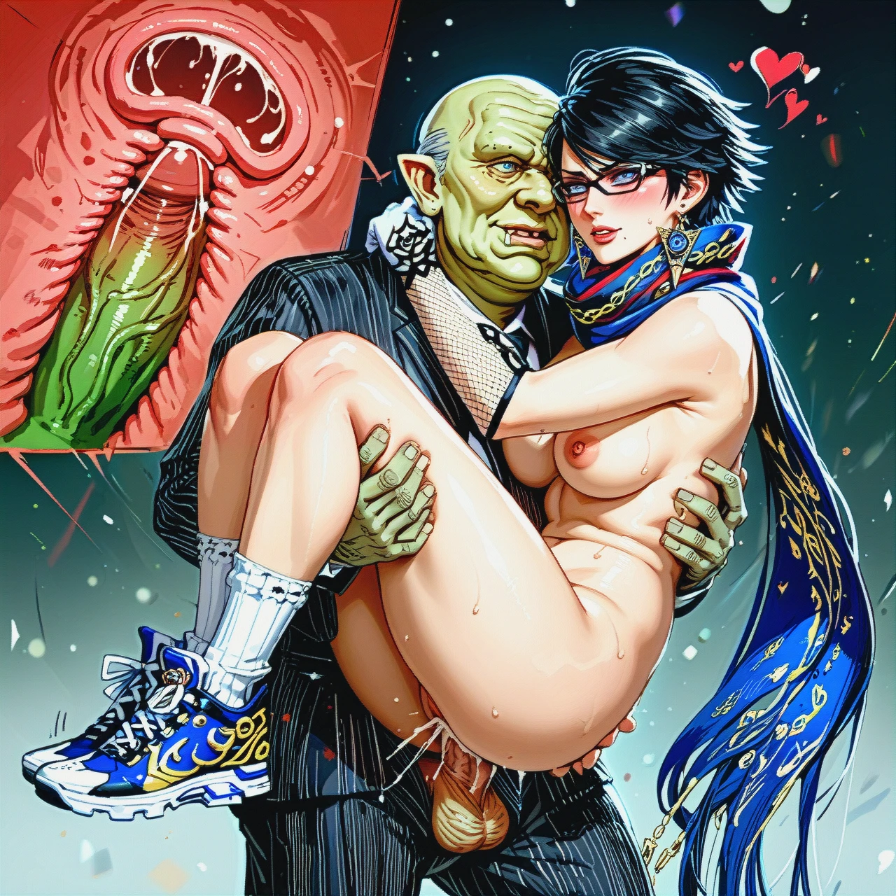 @bayonetta, ugly goblin ,stand and carry, vaginal sex, (cross-section), naked, socks, chopp, scarf, fishnet gloves, (heart-shaped_pupils), blush, pleasure, full body, sneakers