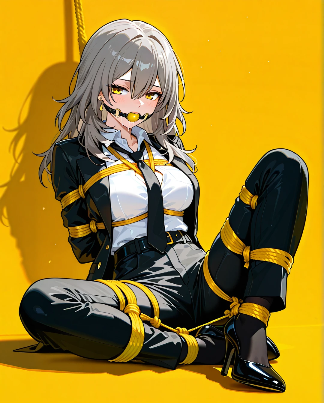 1girl, solo, one girl, belt, black belt, black jacket, black necktie, black pants, bound, bound arms, breasts, cleavage, collared shirt, dress shirt, earrings, formal, grey hair, hair between eyes, high-waist pants, classic jacket, jewelry, large breasts, long hair, long sleeves, medium breasts, necktie, open clothes, open jacket, classic pants, parted lips, shirt, shirt tucked in, stelle \(honkai: star rail\), suit, white shirt, yellow background, yellow eyes, heels, bondage ribbon, gagged, gag, yellow ball gag, bound, bound ankles, bound arms, bound legs, rope pattern on chest, black rope, (bondage), (shibari), yellow ribbons, black tie, black socks, saliva, full body