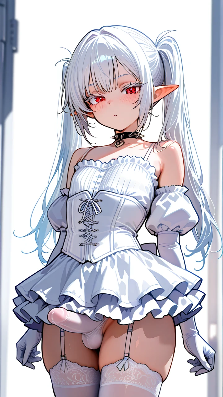 (otoko_no_ko), (red_eyes), white_eyelashes, white_hair, long_hair, big_eyelashes, pointy_ears, twin_ponytails, choker_with_spikes, white_frilled_skirt, puffed_sleeves, white_elbow_gloves, (underbust), white_corset, frilled_thighhighs, garter_straps, erection