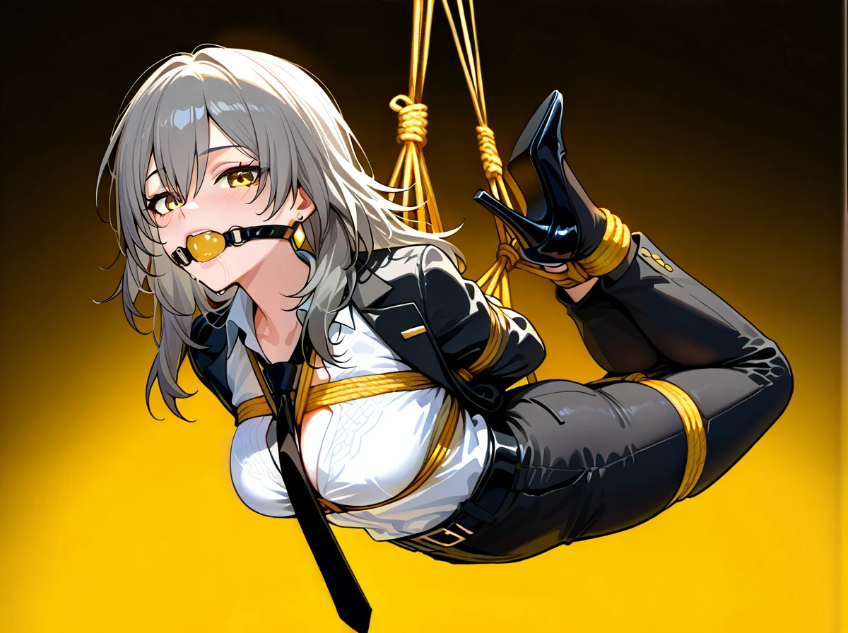 1girl, solo, one girl, belt, black belt, black jacket, black necktie, black pants, bound, bound arms, breasts, cleavage, collared shirt, dress shirt, earrings, formal, grey hair, hair between eyes, high-waist pants, classic jacket, jewelry, large breasts, long hair, long sleeves, medium breasts, necktie, open clothes, open jacket, classic pants, parted lips, shirt, shirt tucked in, stelle \(honkai: star rail\), suit, white shirt, yellow background, yellow eyes, heels, bondage, gagged, gag, yellow ball gag, bound, bound ankles, bound arms, bound legs, rope pattern on chest, yellow rope, (bondage), (shibari), black tie, black socks, saliva, full body, (suspension)