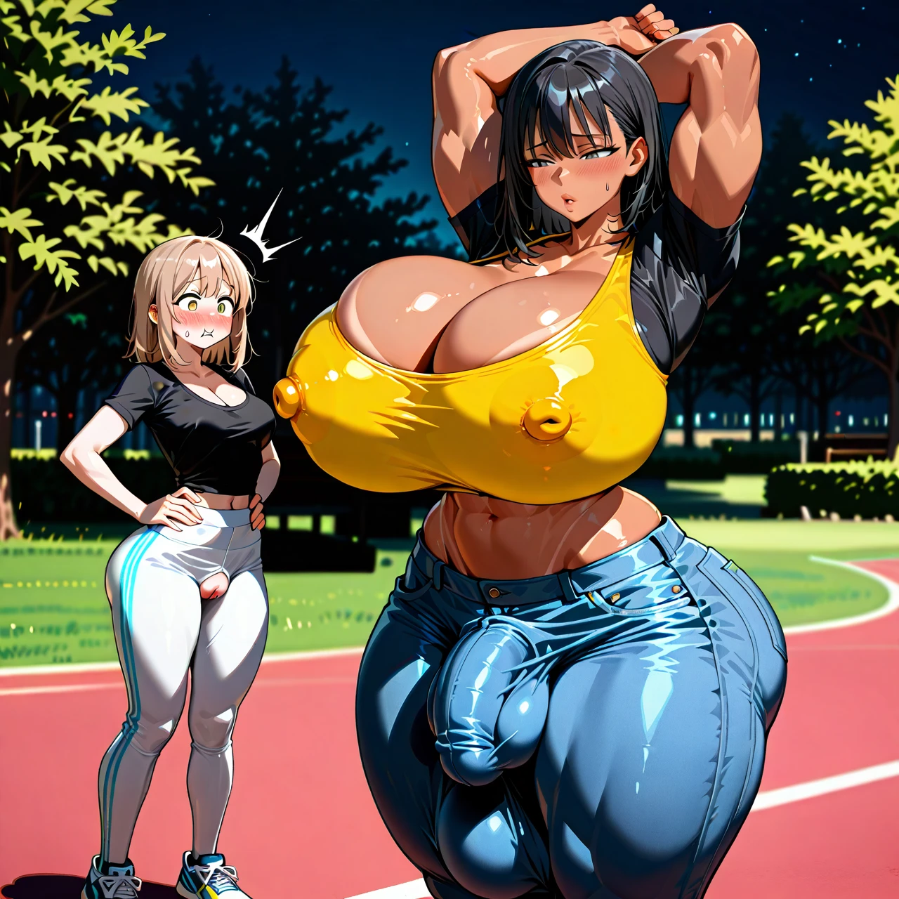 (@futanari,tall, muscular futanari,tanned futanari,futanari taller,black-haired futanari,yellow-eyed futanari,shocked futanari,looking on girl,futanari wearing black sport t-shirt and sport pants,huge cock bulge under pants,hands on hips,wide hips,thick thighs);(@girl,curvy,skinny,voluptuous female,narrow body,narrow waist,narrow shoulders,narrow torso,hyper bottom heavy,huge hips,massive thighs,gigantic bubblebutt,gigantic breasts,white tight nipple-bulged top with cleavage, tight denim,sneakers,shy face,half-closed eyes,light-brown medium hair,grey eyes,giant puffy lips,blush,butt too big,standing,stretching her back,(arms_up) ,crooked back,tight pussy),girl and futanari standing together,futanari bigger,height difference,park,night