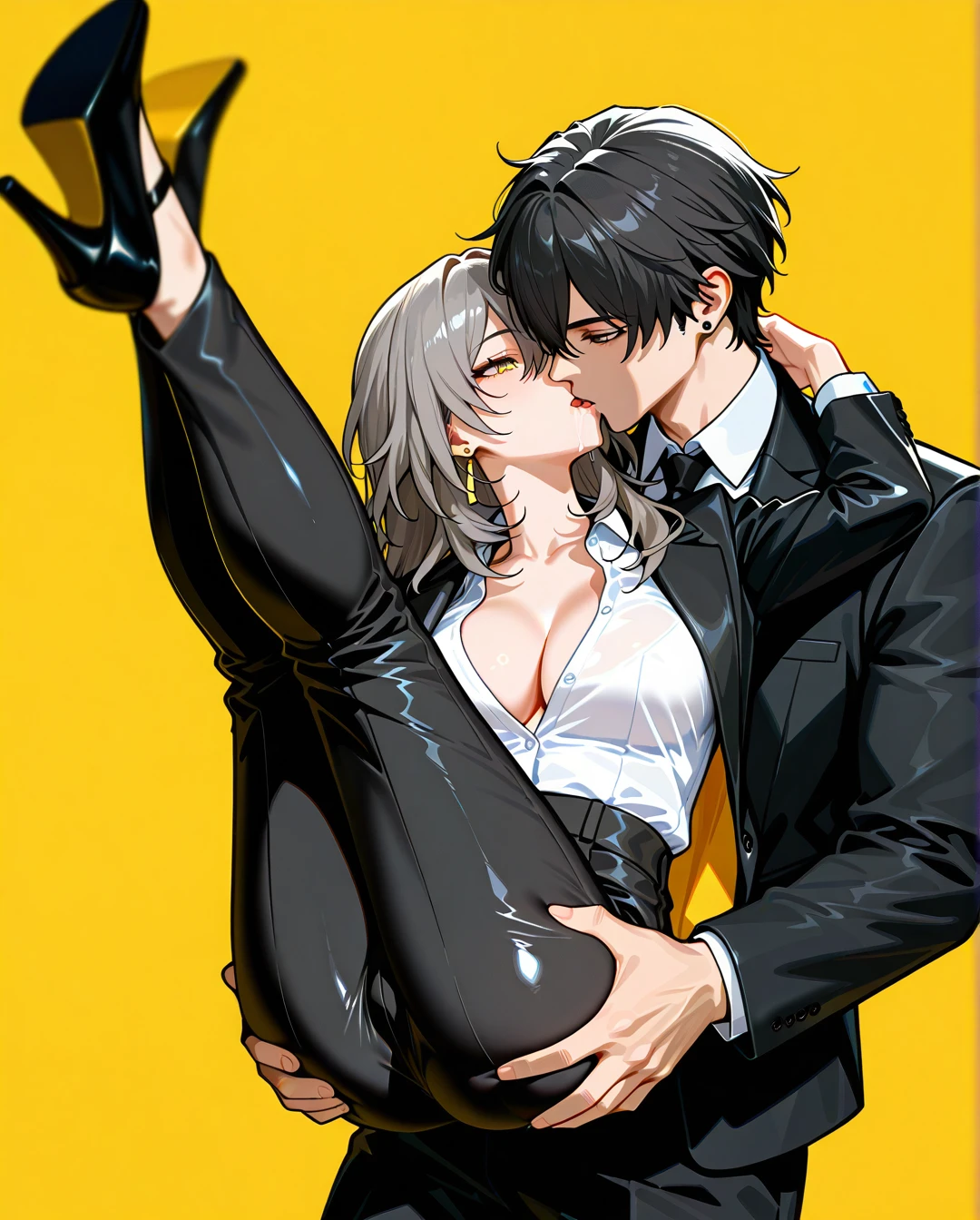 1boy, nude boy, 1girl, black jacket, black necktie, black pants, breasts, cleavage, collared shirt, dress shirt, earrings, formal, grey hair, hair between eyes, high-waist pants, classic jacket, jewelry, large breasts, long hair, long sleeves, medium breasts, necktie, open clothes, open jacket, classic pants, parted lips, shirt, shirt tucked in, stelle (honkai: star rail), suit, white shirt, yellow background, yellow eyes, heels, black tie, black socks, saliva, full body, legs up, kissing, butt grab, grab from behind,