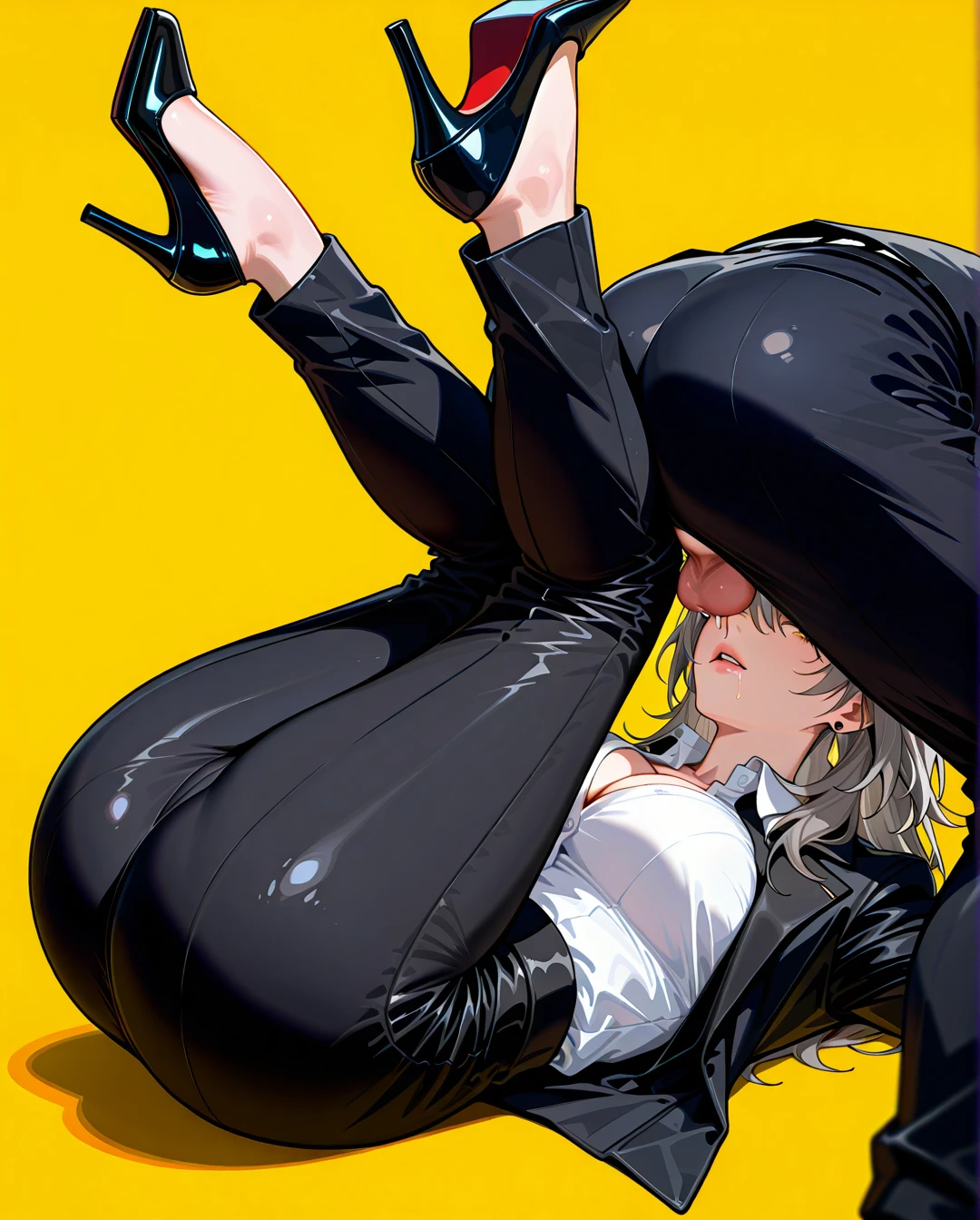 1girl, black jacket, black pants, breasts, cleavage, collared shirt, dress shirt, earrings, formal, hair between eyes, high-waist pants, classic jacket, jewelry, large breasts, long hair, long sleeves, medium breasts, open clothes, open jacket, classic pants, parted lips, shirt, shirt tucked in, stelle (honkai: star rail), suit, white shirt, yellow background, heels, black tie, black stockings, saliva, full body, (legs_up), (on_back), (ass_focus), stright legs, (anilingus), anilingus