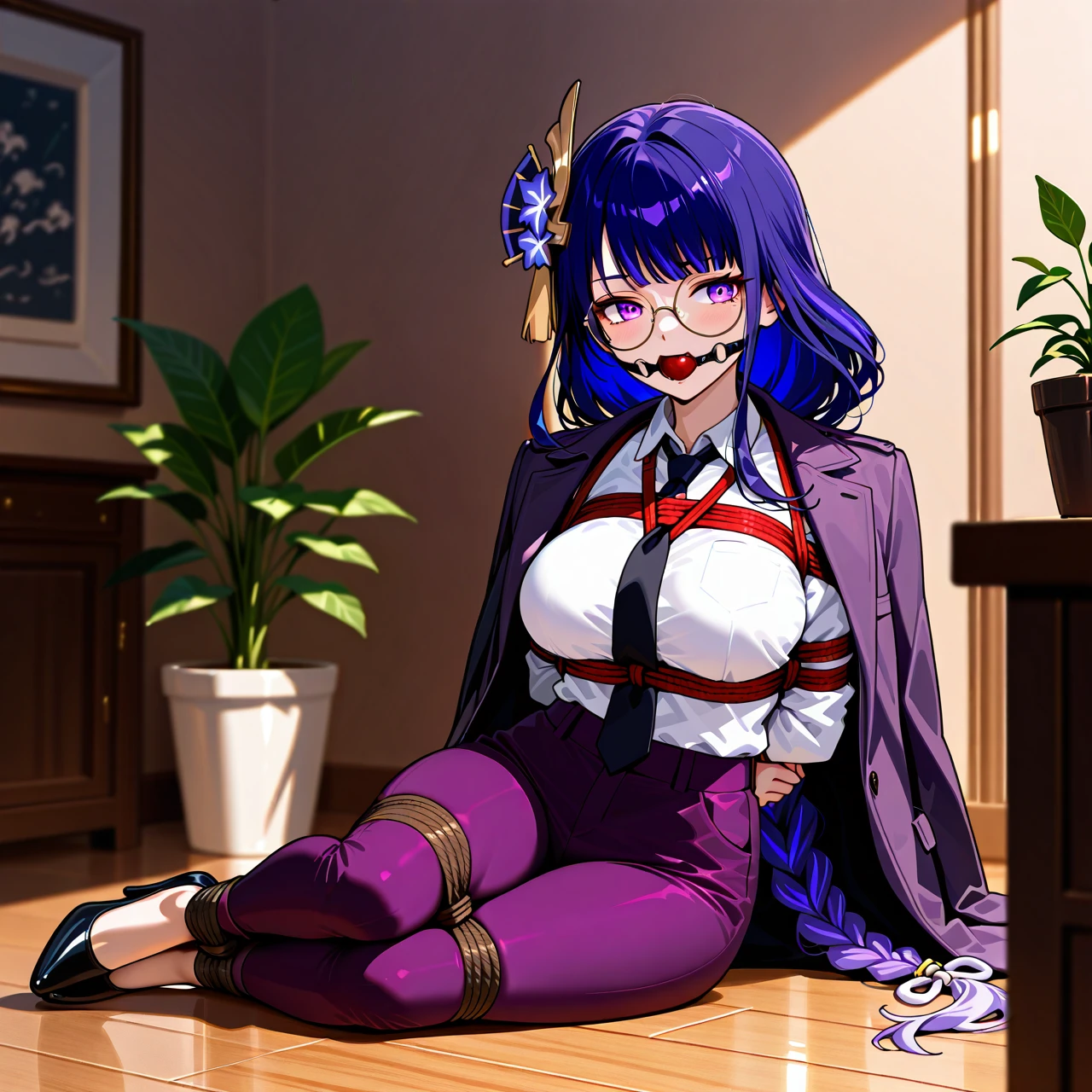 1girl, alternate costume, black necktie, bracelet, braid, braided ponytail, breasts, coat, coat on shoulders, collared shirt, flower, glasses, hair flower, hair ornament, indoors, jacket, jacket on shoulders, jewelry, long hair, long sleeves, necktie,  pants, plant, potted plant, purple eyes, purple hair, purple necktie, purple pants, @raiden_shogun, round eyewear, shirt, very long hair, white shirt, heels, bondage, gagged, gag, ball gag, bound, bound ankles, bound arms, bound legs, rope pattern on chest, black rope, (bondage), (shibari)