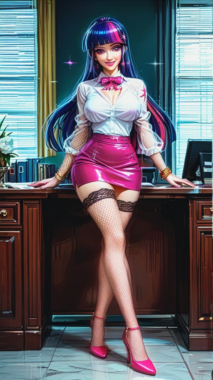 Twilight Sparkle (Equestria Girls) (sexy, curvy body, big tits, sparkle tattoo, pink lipstick, fishnet sleeves, fishnet stockings, high heels, see-through blouse, see-through mini skirt, naughty smile) (house, office) (legs_apart)