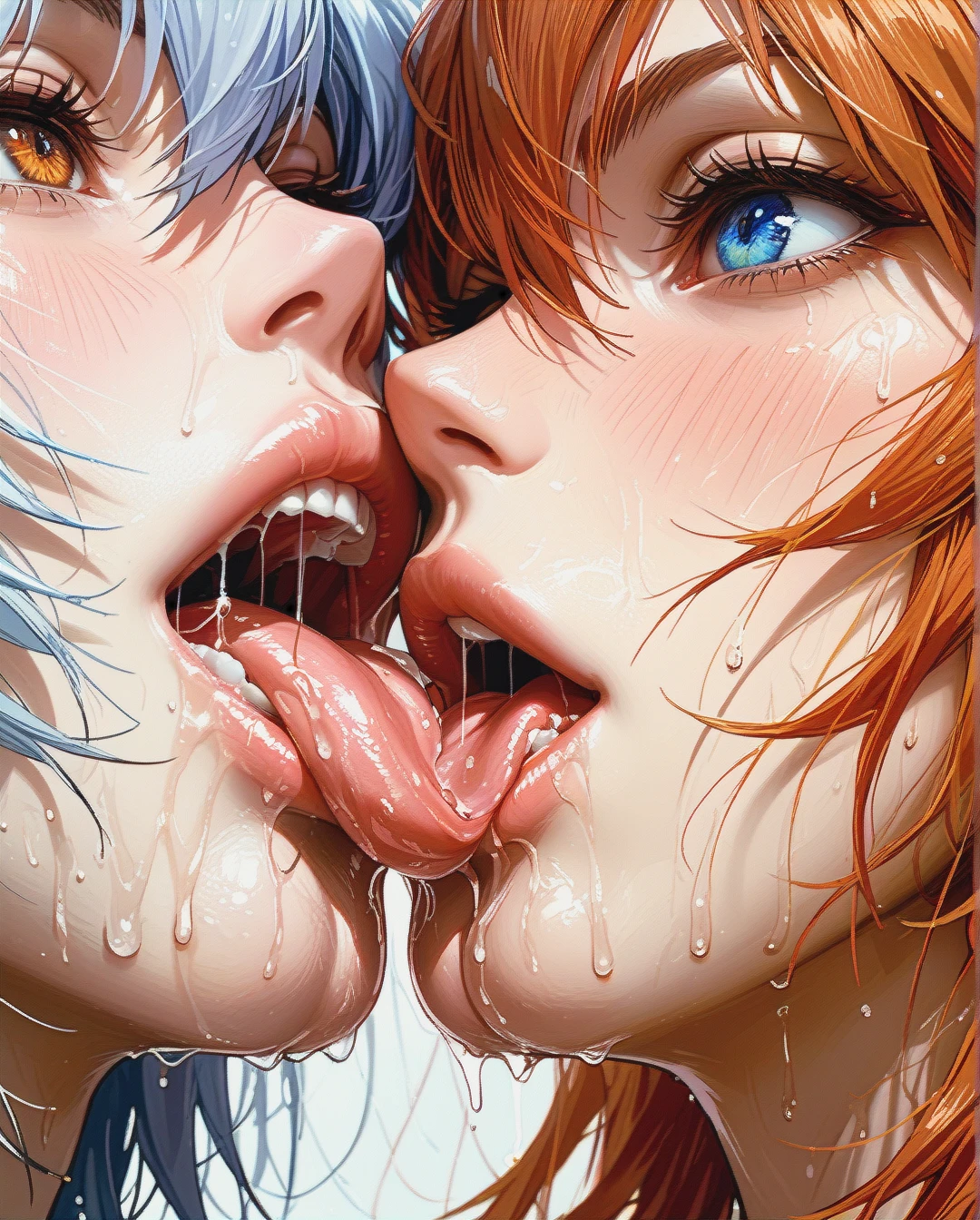 ayanami rei kissing asuka langley, perfect figure, cunnilingus, saliva, excessive drooling, wide tongue, wet lips, (close-up)