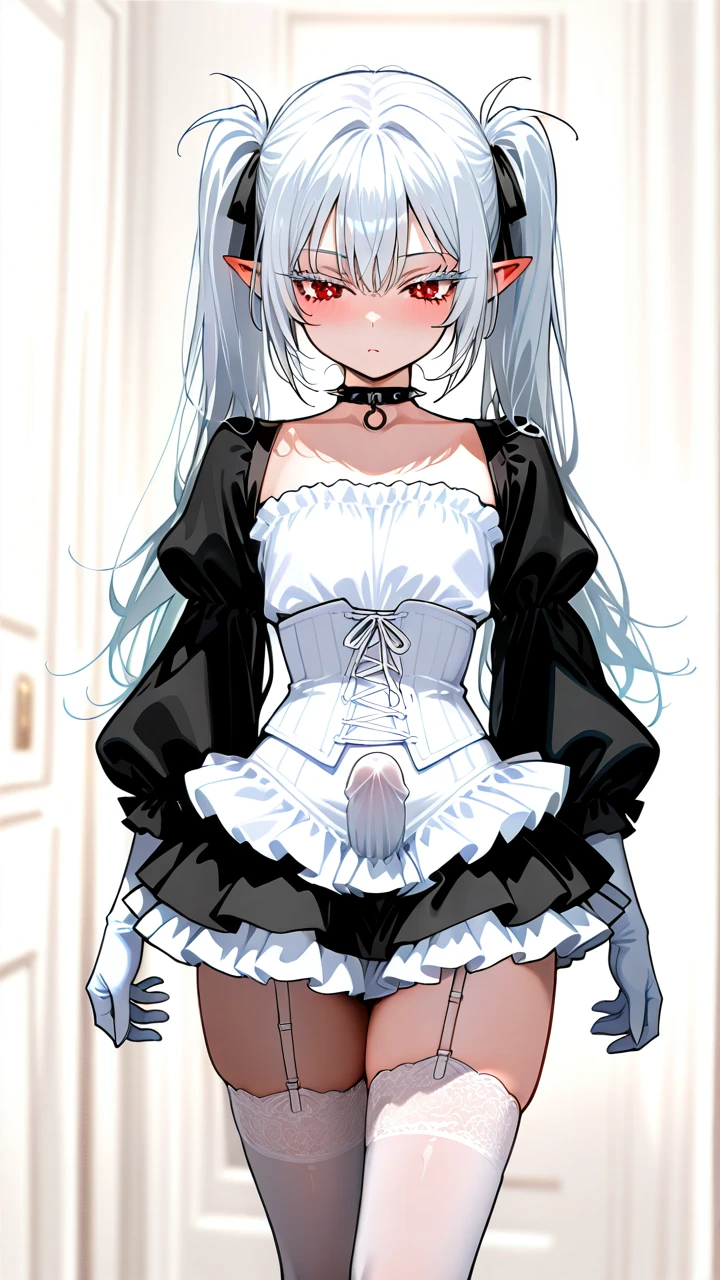 (otoko_no_ko), (red_eyes), white_eyelashes, white_hair, long_hair, big_eyelashes, pointy_ears, twin_ponytails, choker_with_spikes, white_frilled_skirt, puffed_sleeves, white_elbow_gloves, (underbust), white_corset, frilled_thighhighs, garter_straps, erection, (cropped_shoulders)