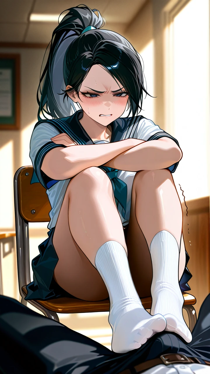 footjob, annoyed, disgusted, shaded eyes, staring, cumming, pov, long hair, crossed arms, black hair, clenched teeth, no blush, dry face, shivering male, ponytail, schoolgirl uniform, long white socks, chair, @sage_(valorant)