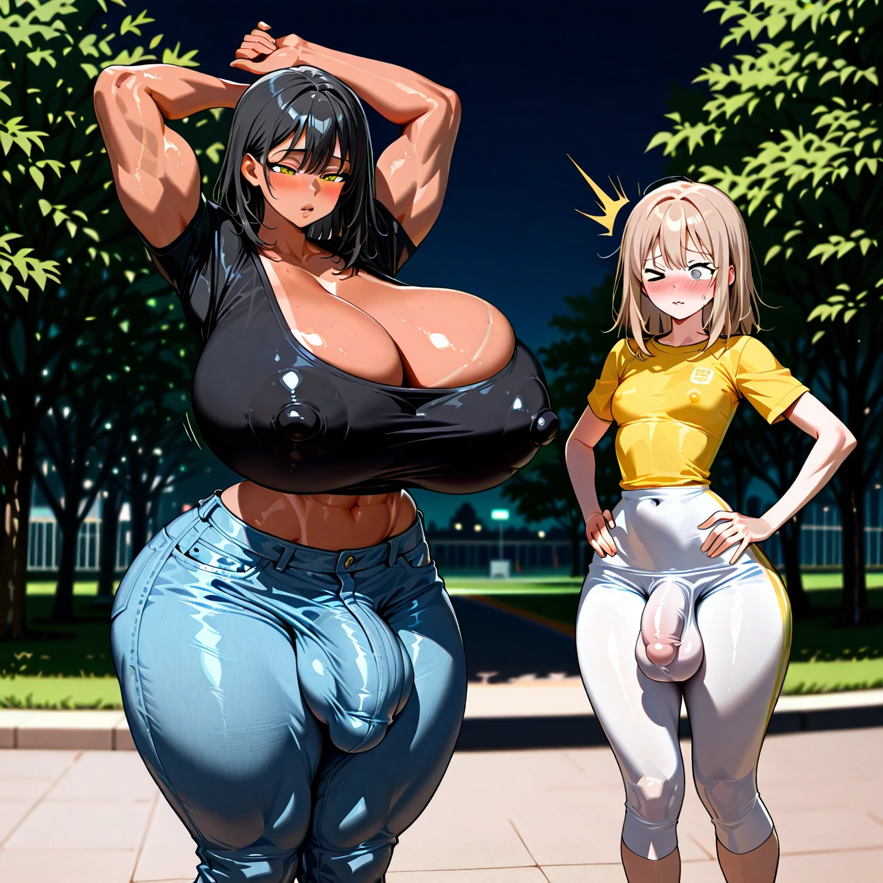 (@futanari,tall, muscular futanari,tanned futanari,futanari taller,black-haired futanari,yellow-eyed futanari,shocked futanari,looking on girl,futanari wearing black sport t-shirt and sport pants,huge cock bulge under pants,hands on hips,wide hips,thick thighs);(@girl,curvy,skinny,voluptuous female,narrow body,narrow waist,narrow shoulders,narrow torso,hyper bottom heavy,huge hips,massive thighs,gigantic bubblebutt,gigantic breasts,white tight nipple-bulged top with cleavage, tight denim,sneakers,shy face,half-closed eyes,light-brown medium hair,grey eyes,giant puffy lips,blush,butt too big,standing,stretching her back,(arms_up) ,crooked back,tight pussy bulge),girl and futanari standing together,futanari bigger,height difference,park,night