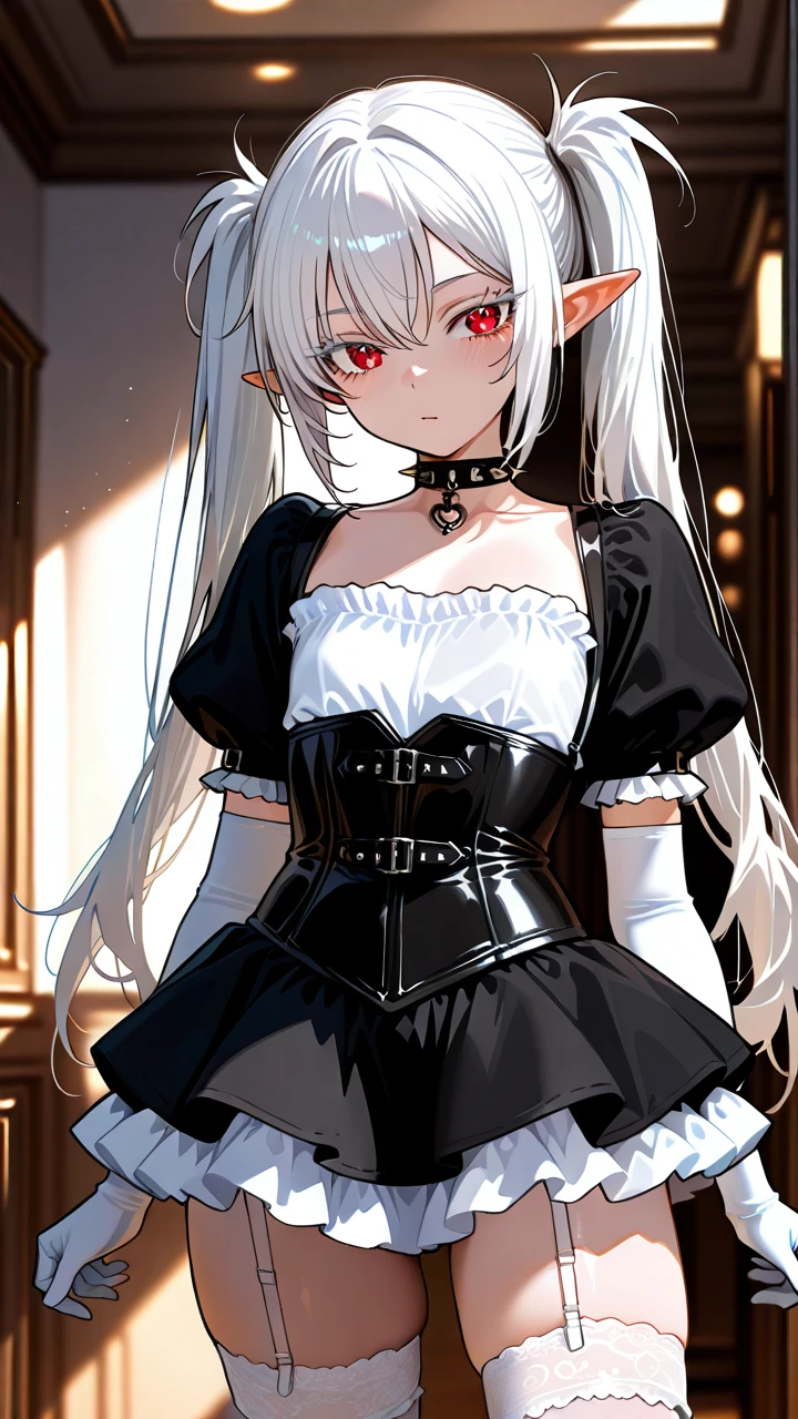 (otoko_no_ko), (red_eyes), white_eyelashes, white_hair, long_hair, big_eyelashes, pointy_ears, twin_ponytails, choker_with_spikes, white_frilled_skirt, puffed_sleeves, white_elbow_gloves, (underbust), corset, frilled_thighhighs, garter_straps,