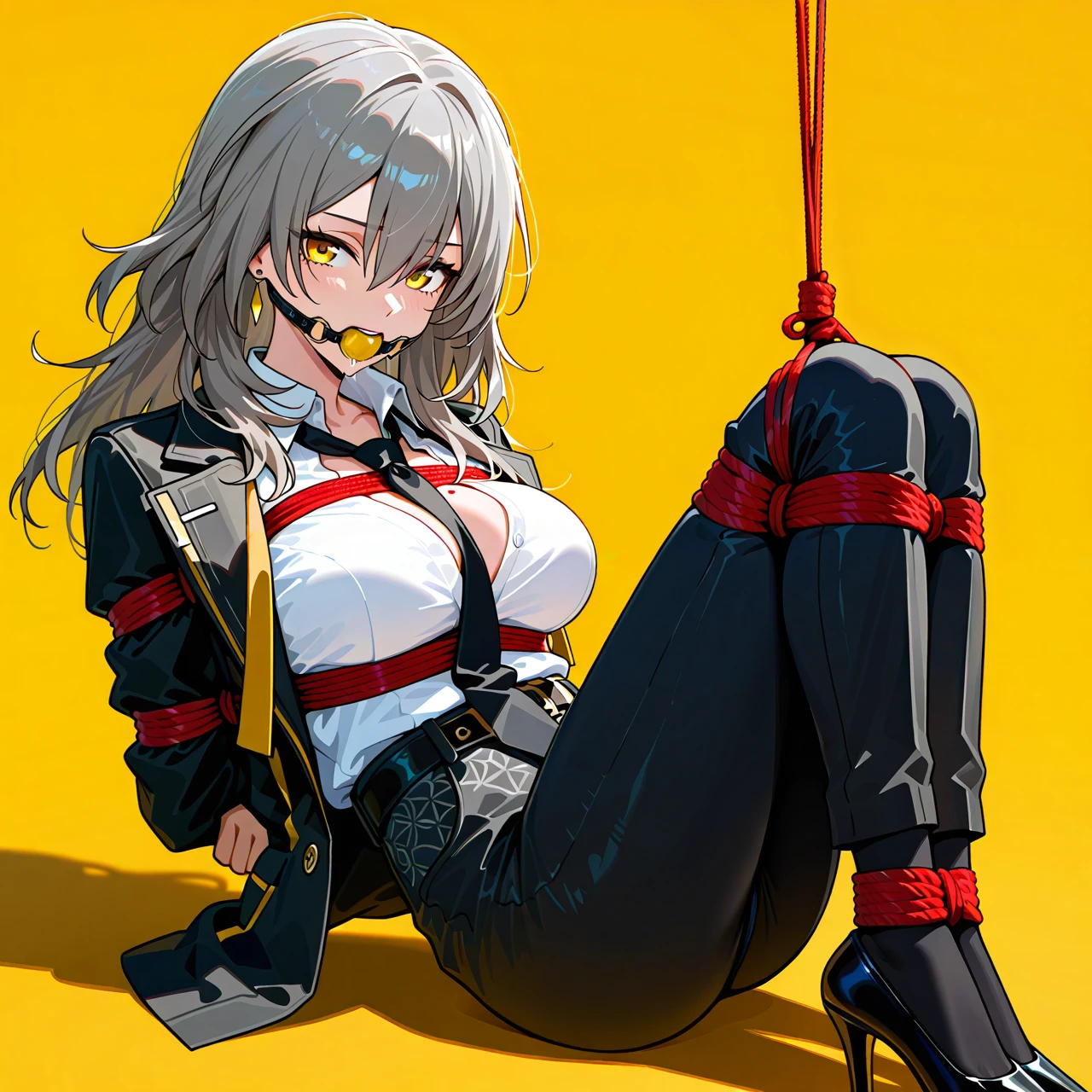 1girl, solo, one girl, belt, black belt, black jacket, black necktie, black pants, bound, bound arms, breasts, cleavage, collared shirt, dress shirt, earrings, formal, grey hair, hair between eyes, high-waist pants, classic jacket, jewelry, large breasts, long hair, long sleeves, medium breasts, necktie, open clothes, open jacket, classic pants, parted lips, ribbon, shirt, shirt tucked in, stelle \(honkai: star rail\), suit, white shirt, yellow background, yellow eyes, heels, bondage, gagged, gag, yellow ball gag, bound, bound ankles, bound arms, bound legs, rope pattern on chest, black rope, (bondage), (shibari), yellow ribbons, black tie, black socks