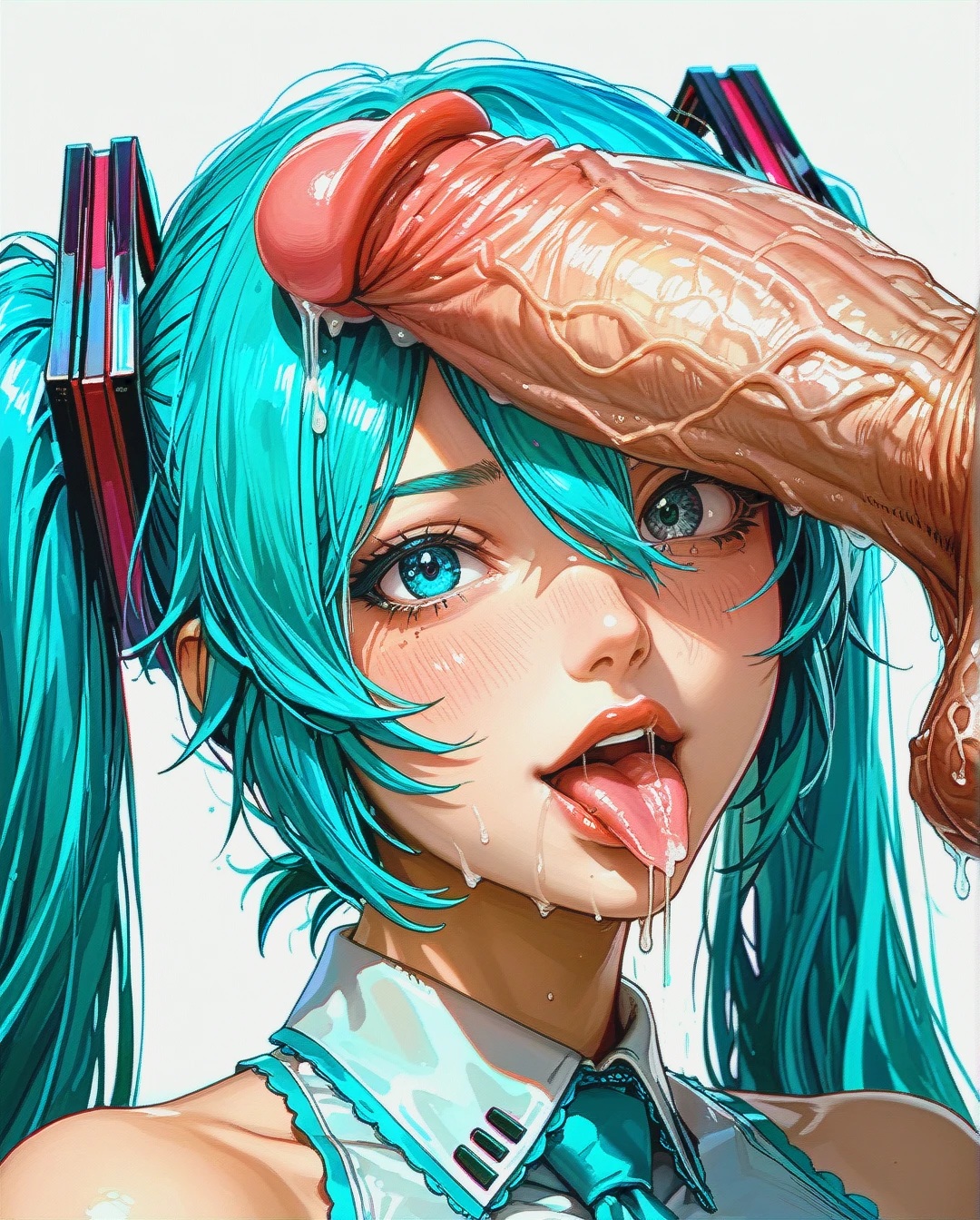 anime style, hatsune miku, peace sign, in love, licking cock, saliva, veiny cock, veiny balls, dripping, close up