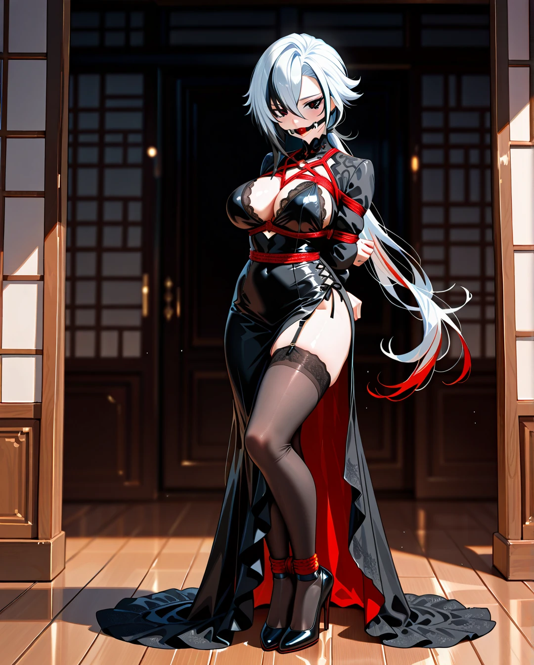 1girl, alternate costume, arlecchino \(genshin impact\), black dress, black eyes, black footwear, black hair, black thighhighs, breasts, cleavage, dress, full body, garter straps, hair between eyes, high heels, lace trim, long hair, long sleeves, multicolored hair, red hair, side slit, solo, streaked hair, thighhighs, very long hair, white hair, wide sleeves, x-shaped pupils, standing, bondage, gagged, gag, ball gag, bound, bound ankles, bound arms, bound legs, rope pattern on chest, black rope, (bondage), (shibari),