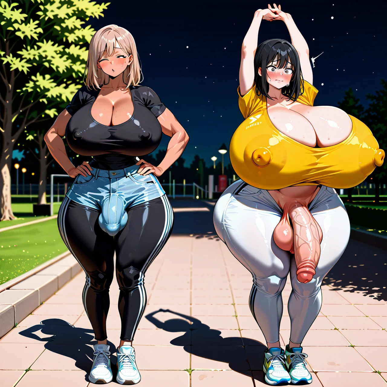 (@futanari,tall curvy muscular futanari,tanned futanari,futanari taller,black-haired futanari,yellow-eyed futanari,shocked futanari,looking on girl,futanari wearing black sport t-shirt and sport pants,huge cock bulge under pants,embarassed face,hands on hips,wide hips,thick thighs);(@girl,curvy,skinny,voluptuous female,narrow body,narrow waist,narrow shoulders,narrow torso,hyper bottom heavy,huge hips,massive thighs,gigantic bubblebutt,gigantic breasts,white tight nipple-bulged top with cleavage, tight denim,sneakers,shy,half-closed eyes,light-brown medium hair,grey eyes,giant puffy lips,blush,butt too big,standing,stretching her back,(arms_up) ,crooked back,tight pussy),girl and futanari standing together,height difference,park,night