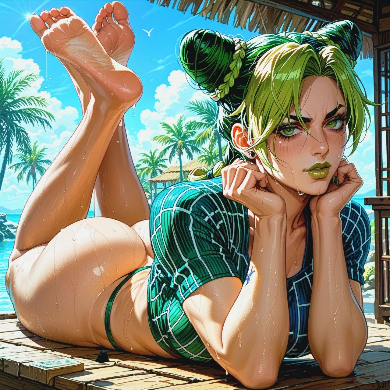 @kujo_jolyne , feet up, sweaty body, (naughty_face) , (ass_grab)