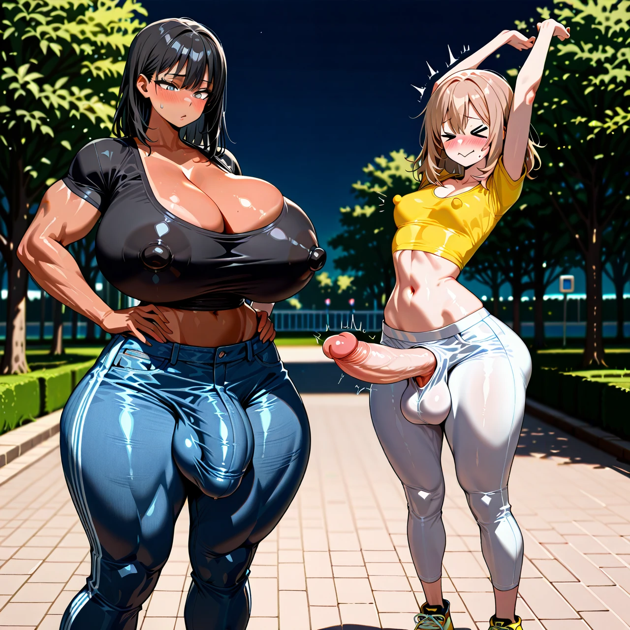 (@futanari,tall, muscular futanari,tanned futanari,futanari taller,black-haired futanari,yellow-eyed futanari,shocked futanari,looking on girl,futanari wearing black sport t-shirt and sport pants,huge cock bulge under pants,hands on hips,wide hips,thick thighs);(@girl,curvy,skinny,voluptuous female,narrow body,narrow waist,narrow shoulders,narrow torso,hyper bottom heavy,huge hips,massive thighs,gigantic bubblebutt,gigantic breasts,white tight nipple-bulged top with cleavage, tight denim,sneakers,shy face,half-closed eyes,girl light-brown medium hair,grey eyes,giant puffy lips,blush,butt too big,standing,stretching her back,(arms_up) ,crooked back,tight pussy bulge),girl and futanari standing together,futanari bigger,height difference,park,night