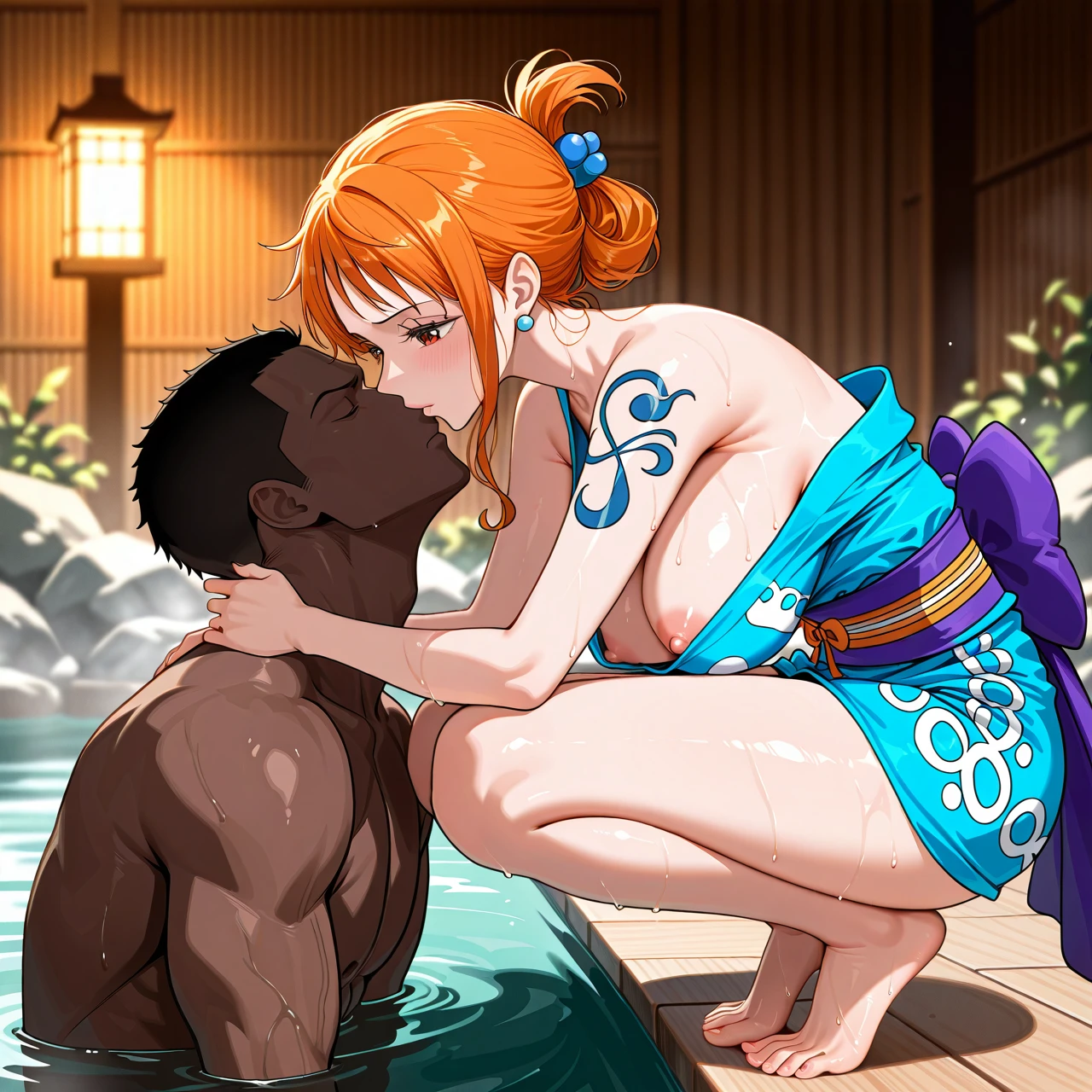 onsen, sole male, sole female, pulled back hairstyle, (squatting), (mature_female) , (nipple_slip) , (smelling) , @nami , wano blue outfit, kunoichi , interracial,(smelling_feet) , worshipping male feet