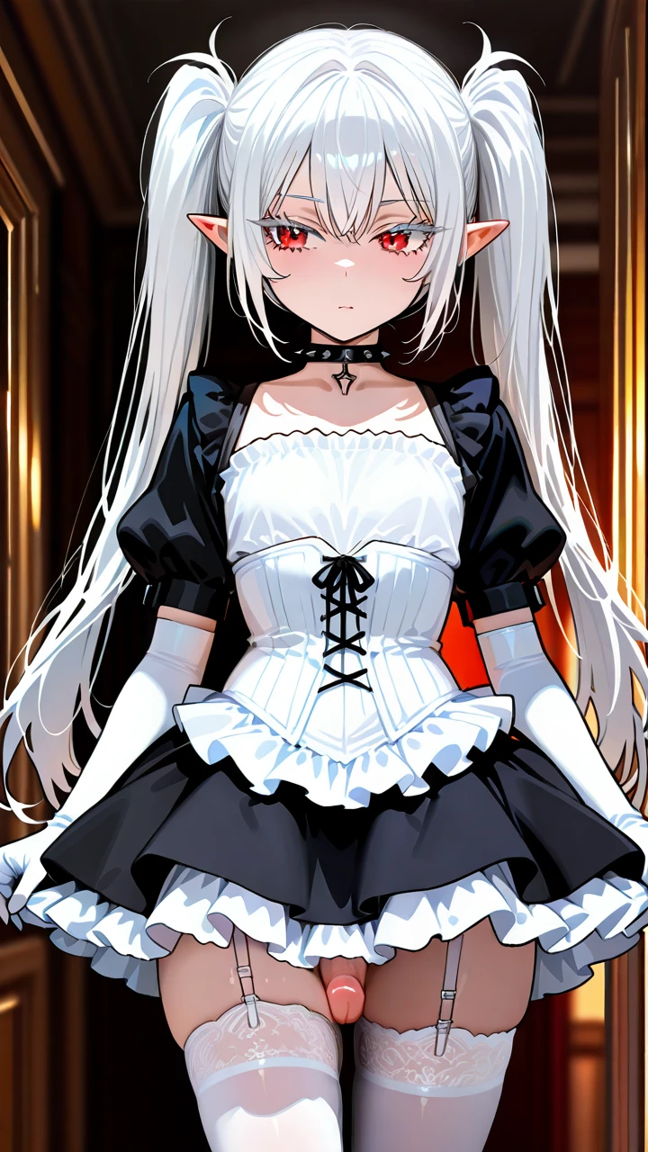 (otoko_no_ko), (red_eyes), white_eyelashes, white_hair, long_hair, big_eyelashes, pointy_ears, twin_ponytails, choker_with_spikes, white_frilled_skirt, puffed_sleeves, white_elbow_gloves, (underbust), white_corset, frilled_thighhighs, garter_straps, erection