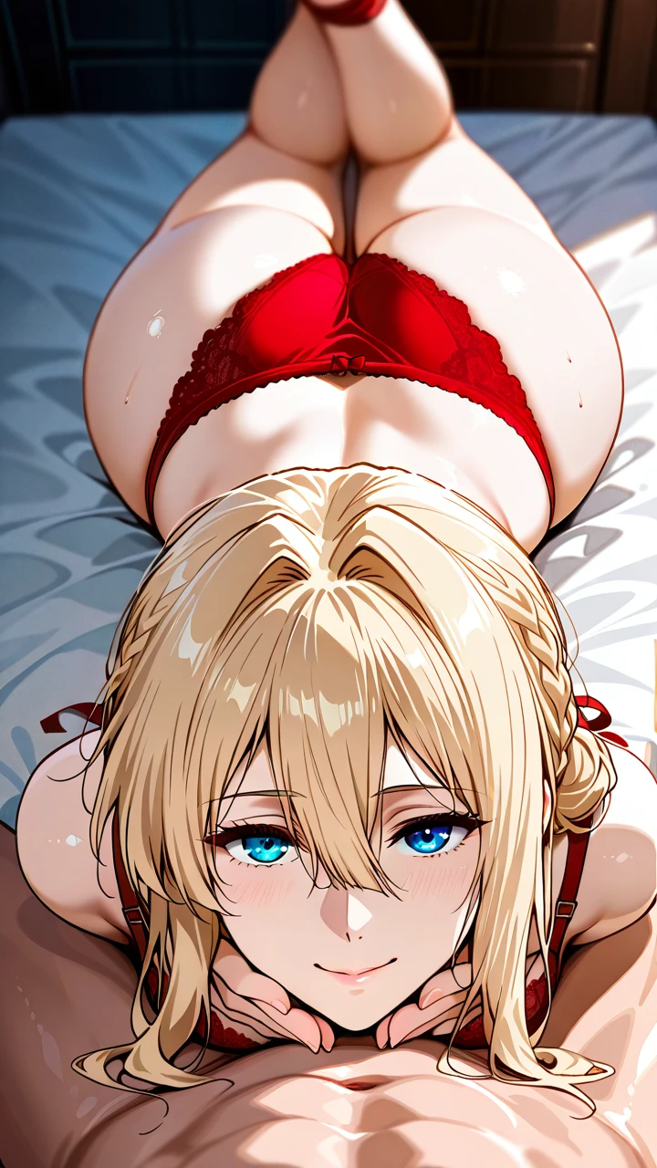 one woman,red bra ,red panties pale, skin,cute face,big eyes  ,seductive smile,long hair,yellow hair,blue eyes,(on_stomach),lying on stomach, view from above, high quality,masterpiece,attractive mature lady , legs, (crossed_ankles), ass, (hands_on_own_face) ,@violet_evergarden ,