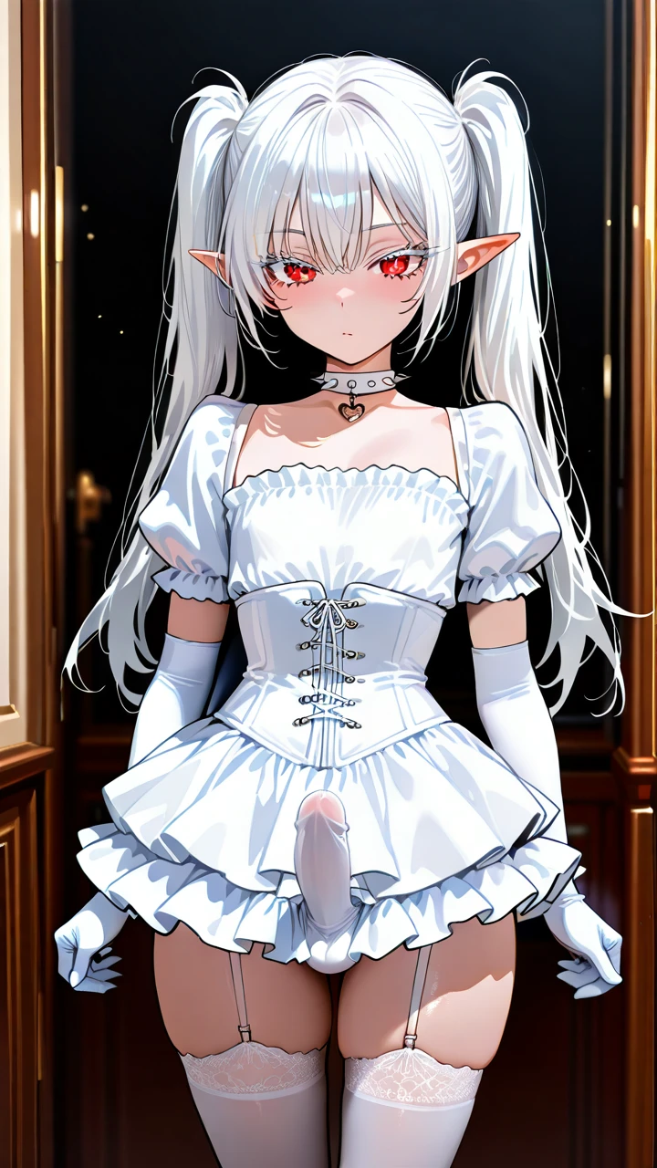 (otoko_no_ko), (red_eyes), white_eyelashes, white_hair, long_hair, big_eyelashes, pointy_ears, twin_ponytails, choker_with_spikes, white_frilled_skirt, puffed_sleeves, white_elbow_gloves, (underbust), white_corset, frilled_thighhighs, garter_straps, erection, (cropped_shoulders)