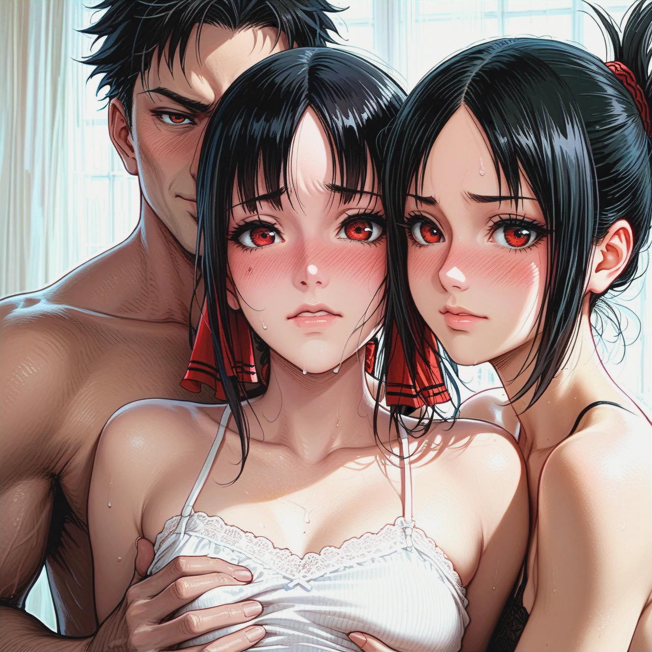 @shinomiya_kaguya  (FFF_threesome) (flat_chest) (embarrassed) (netorare)  (torso_grab)