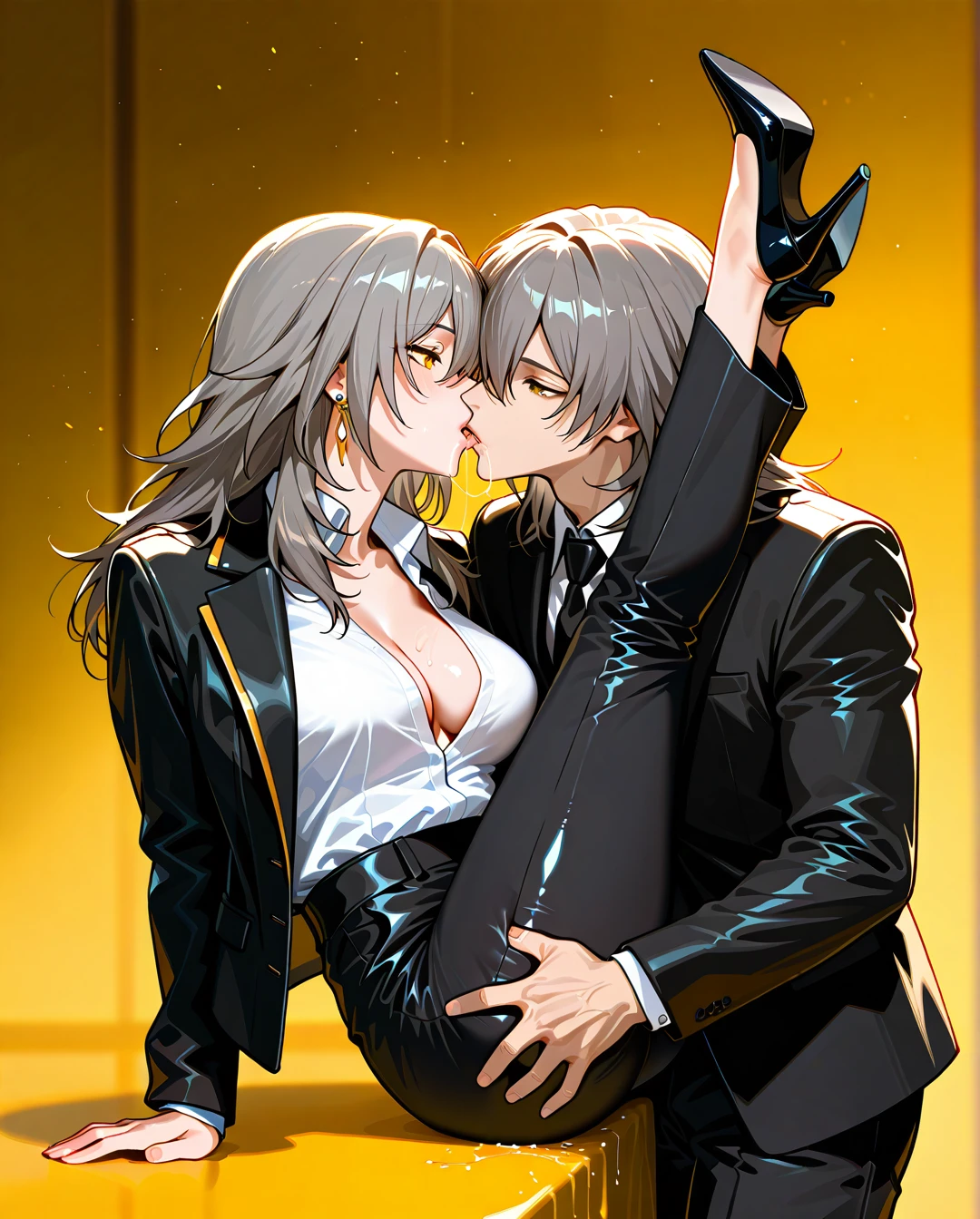 1boy, nude boy, 1girl, black jacket, black necktie, black pants, breasts, cleavage, collared shirt, dress shirt, earrings, formal, grey hair, hair between eyes, high-waist pants, classic jacket, jewelry, large breasts, long hair, long sleeves, medium breasts, necktie, open clothes, open jacket, classic pants, parted lips, shirt, shirt tucked in, stelle (honkai: star rail), suit, white shirt, yellow background, yellow eyes, heels, black tie, black socks, saliva, full body, (legs_up), (sitting), kissing, handjob, (handjob), (breasts_out),