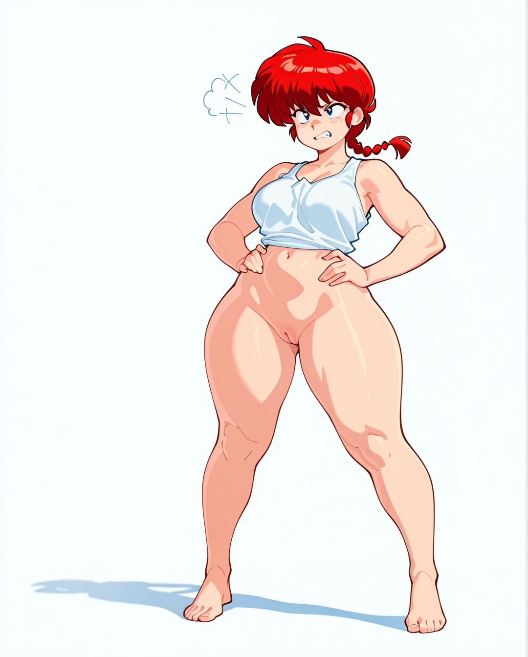 suoiresnu, @ranma-chan red hair (annoyed) (clenched_teeth), innie pussy puffy pussy, massive hips, (hands_on_hips) standing, white tank top fully nude, white blank background, (looking_afar), full body, massive ass, massive thighs