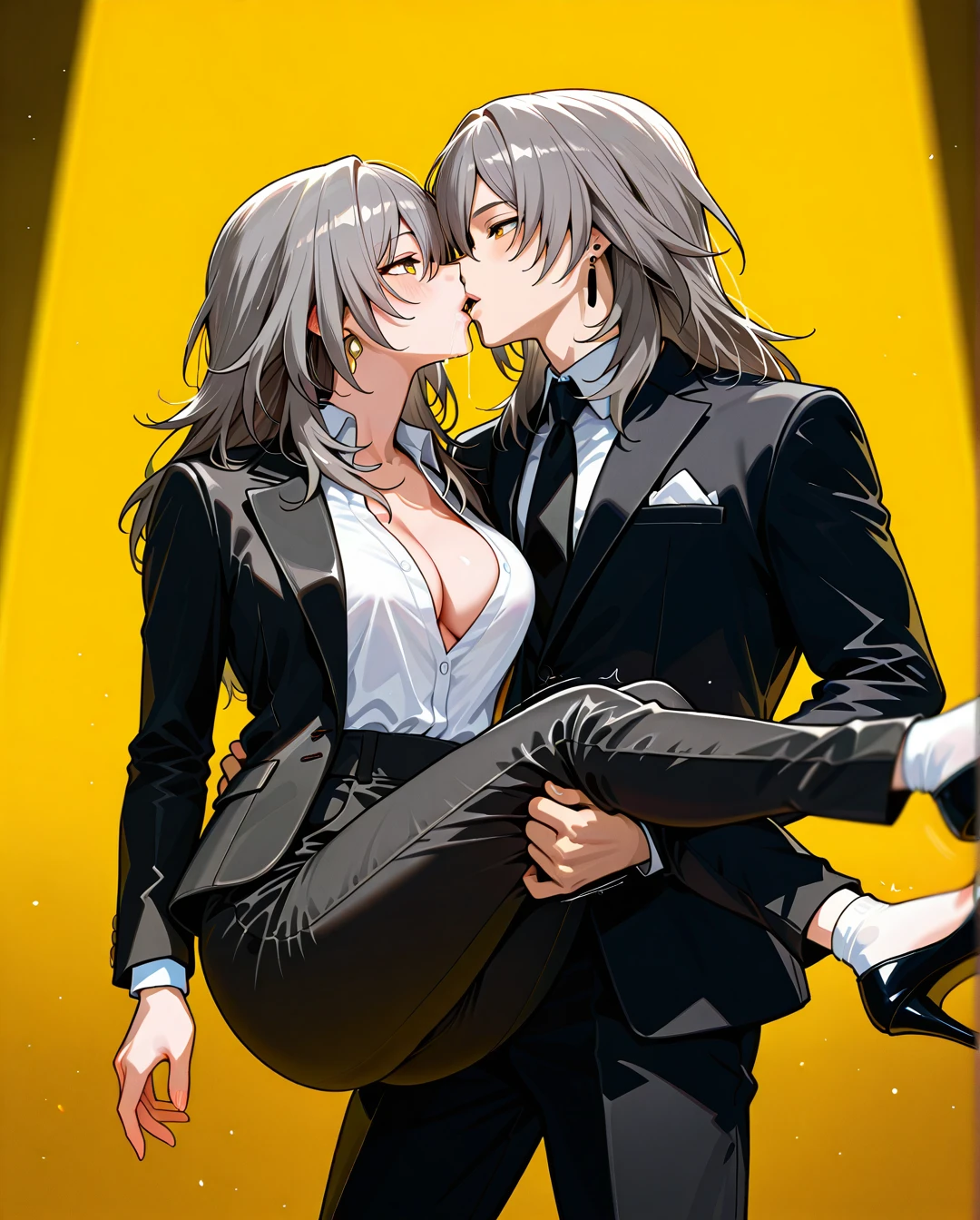 1boy, nude boy, 1girl, black jacket, black necktie, black pants, breasts, cleavage, collared shirt, dress shirt, earrings, formal, grey hair, hair between eyes, high-waist pants, classic jacket, jewelry, large breasts, long hair, long sleeves, medium breasts, necktie, open clothes, open jacket, classic pants, parted lips, shirt, shirt tucked in, stelle (honkai: star rail), suit, white shirt, yellow background, yellow eyes, heels, black tie, black socks, saliva, full body, legs up, kissing, handjob, (handjob), (breasts_out),