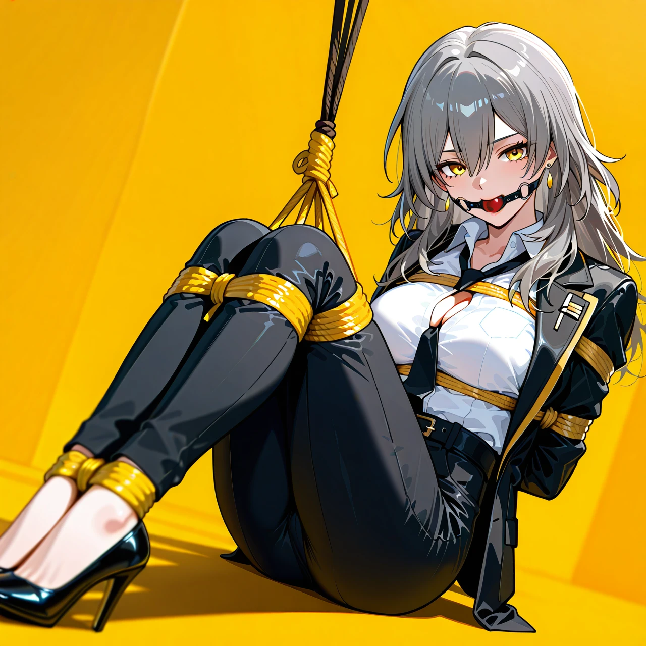 1girl, solo, one girl, belt, black belt, black jacket, black necktie, black pants, bound, bound arms, breasts, cleavage, collared shirt, dress shirt, earrings, formal, grey hair, hair between eyes, high-waist pants, classic jacket, jewelry, large breasts, long hair, long sleeves, medium breasts, necktie, open clothes, open jacket, classic pants, parted lips, ribbon, shirt, shirt tucked in, stelle \(honkai: star rail\), suit, white shirt, yellow background, yellow eyes, heels bondage, gagged, gag, ball gag, bound, bound ankles, bound arms, bound legs, rope pattern on chest, black rope, (bondage), (shibari), yellow rope