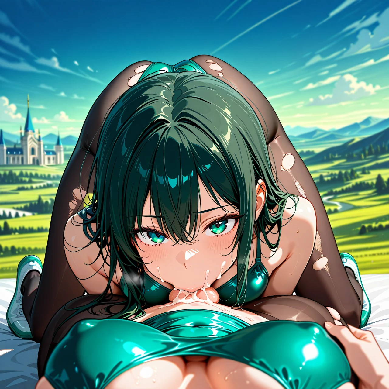 2girl, two girls cowgirl, sucking_balls, cum_on tits, cheeks,pov_hand, nightdress,torn_pantyhose,landscape,green_swimsuit,running_shoes, palace_bedroom, spaceship, anime_coloring, Brightly_Lit, waifu