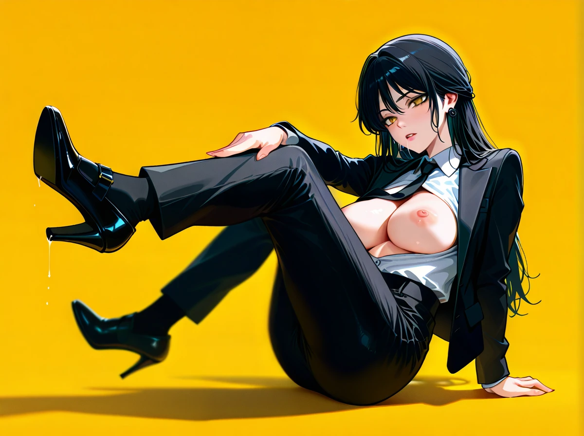 1girl, black jacket, black necktie, black pants, breasts, cleavage, collared shirt, dress shirt, earrings, formal, hair between eyes, high-waist pants, classic jacket, jewelry, large breasts, long hair, long sleeves, medium breasts, necktie, open clothes, open jacket, classic pants, parted lips, shirt, shirt tucked in, Wednesday addams, suit, white shirt, yellow background, yellow eyes, heels, black tie, black socks, saliva, full body, (legs_up), (sitting), (breasts_out),