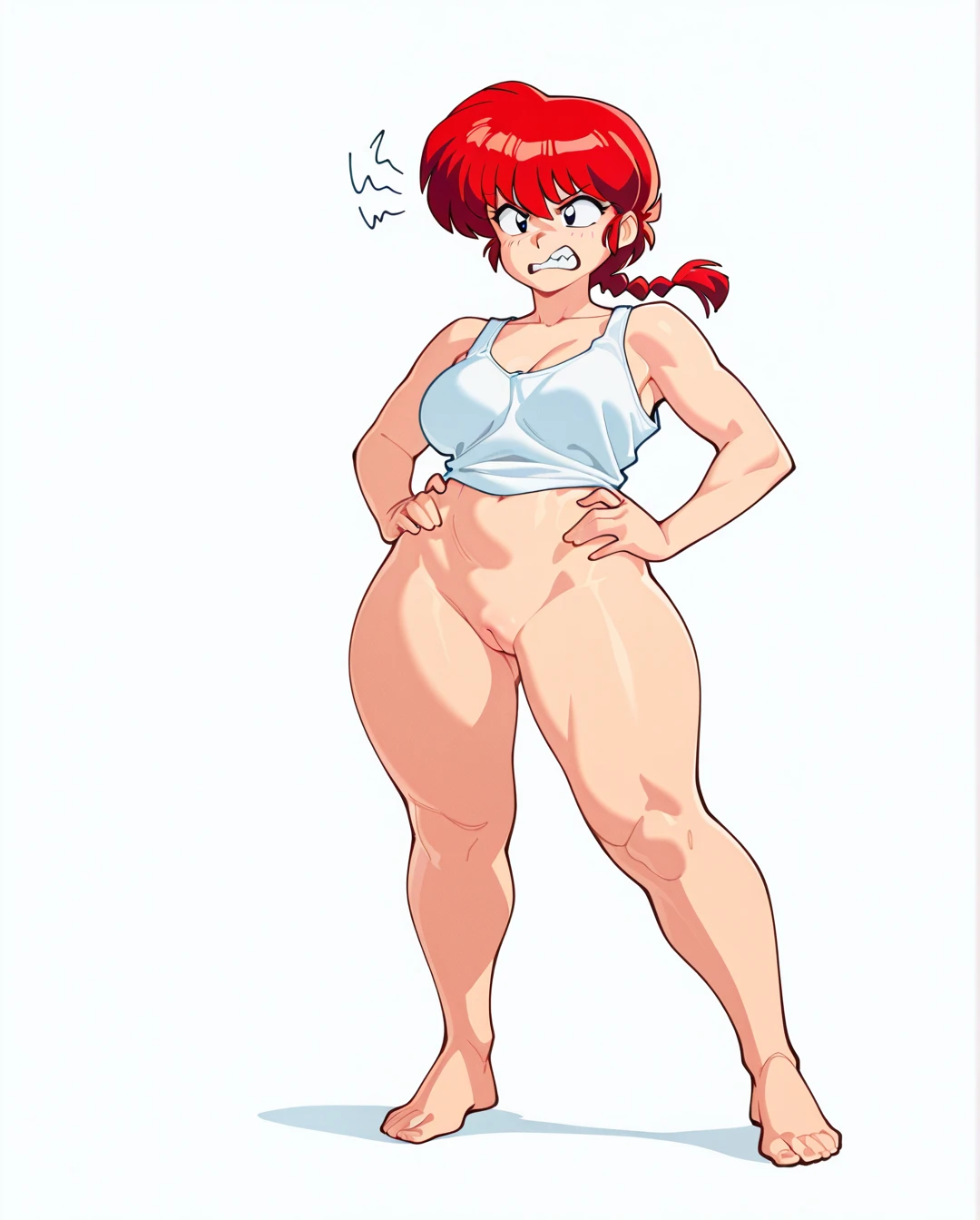 suoiresnu, @ranma-chan red hair (annoyed) (clenched_teeth), innie pussy puffy pussy, massive hips, (hands_on_hips) standing, white tank top fully nude, white blank background, (looking_afar), full body, massive ass, massive thighs