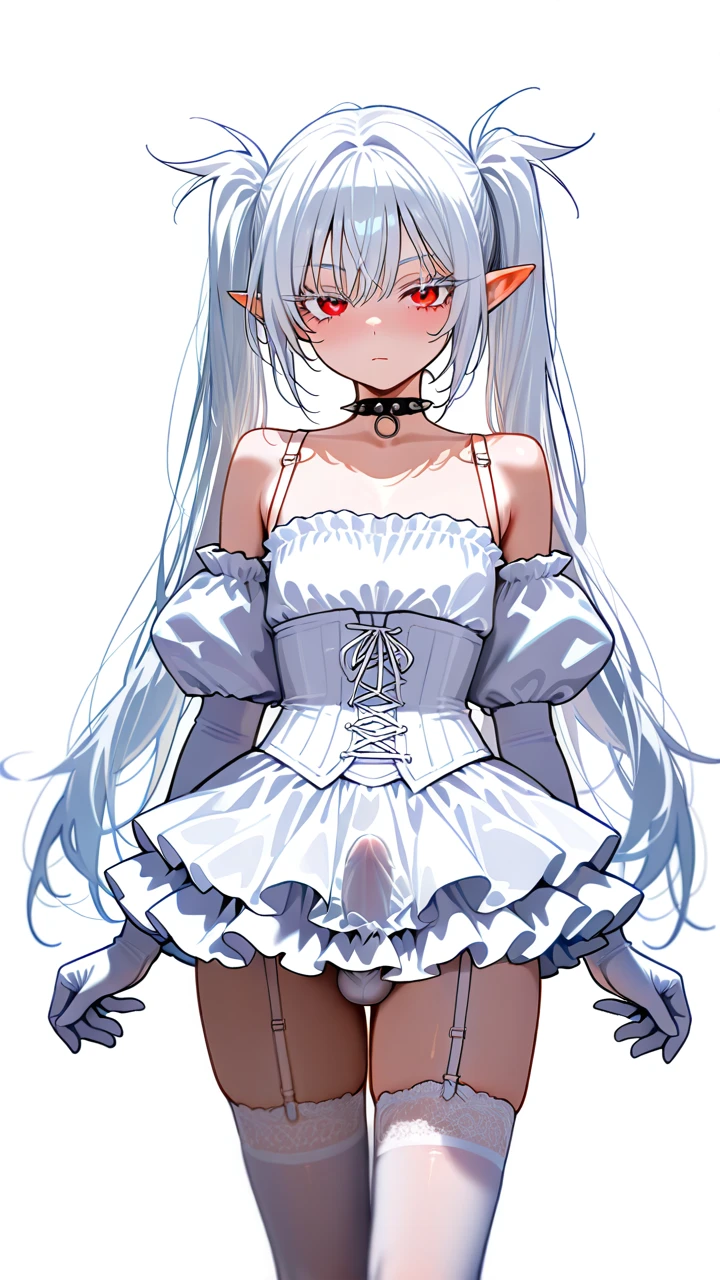 (otoko_no_ko), (red_eyes), white_eyelashes, white_hair, long_hair, big_eyelashes, pointy_ears, twin_ponytails, choker_with_spikes, white_frilled_skirt, puffed_sleeves, white_elbow_gloves, (underbust), white_corset, frilled_thighhighs, garter_straps, erection, (cropped_shoulders)