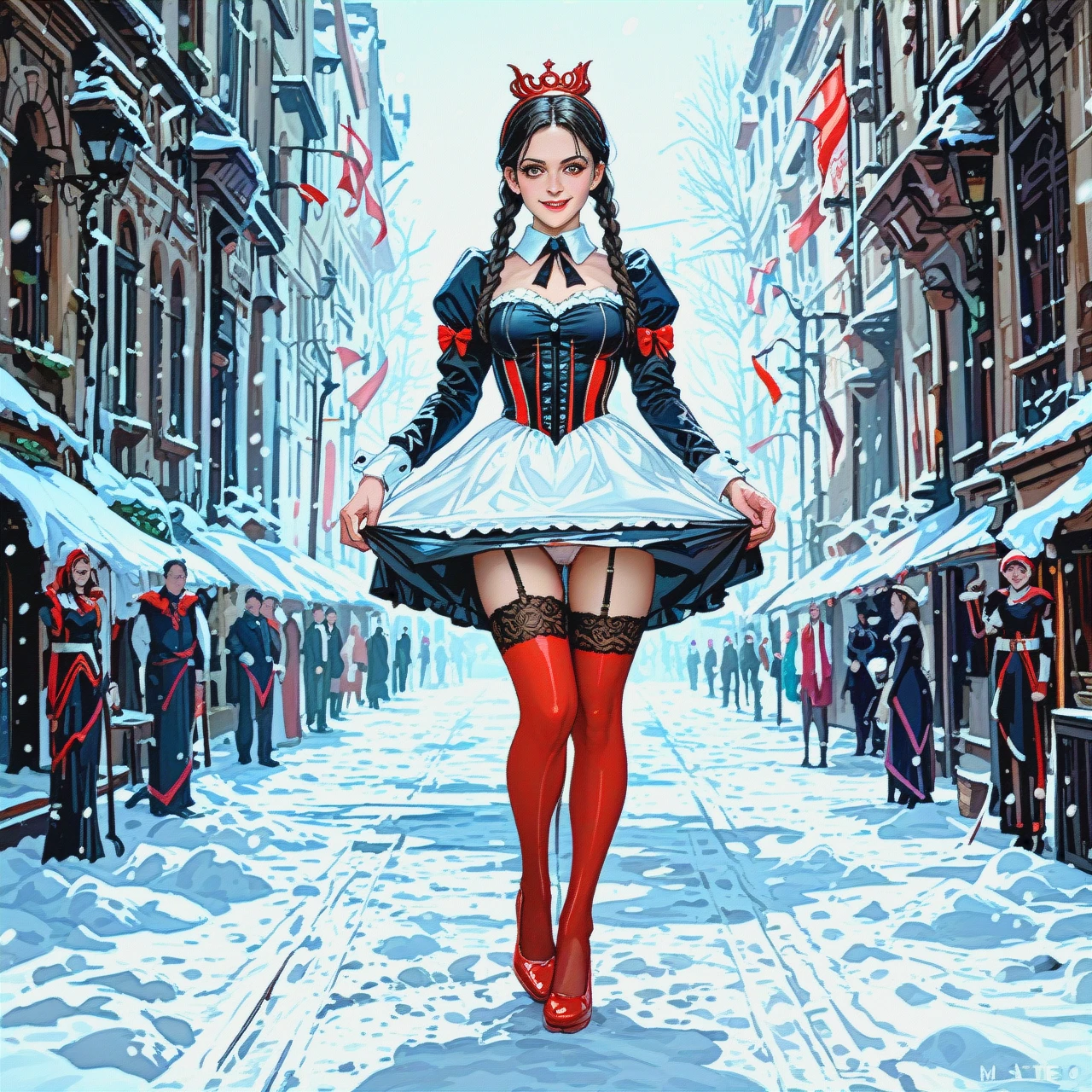 Wednesday Addams, standing, dressed in a Snow White dress, her hem pulled up high, showing off her panties, a lascivious smile, stockings with red stripes, red patent leather shoes, full-length.