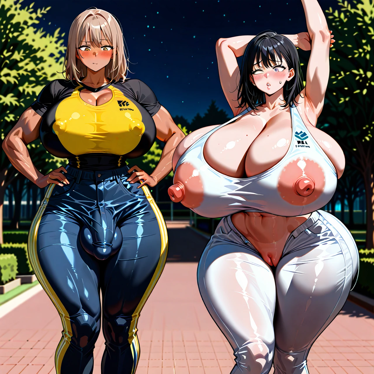 (@futanari,tall, muscular futanari,tanned futanari,futanari taller,black-haired futanari,yellow-eyed futanari,shocked futanari,looking on girl,futanari wearing black sport t-shirt and sport pants,huge cock bulge under pants,hands on hips,wide hips,thick thighs);(@girl,curvy,skinny,voluptuous female,narrow body,narrow waist,narrow shoulders,narrow torso,hyper bottom heavy,huge hips,massive thighs,gigantic bubblebutt,gigantic breasts,white tight nipple-bulged top with cleavage, tight denim,sneakers,shy face,half-closed eyes,light-brown medium hair,grey eyes,giant puffy lips,blush,butt too big,standing,stretching her back,(arms_up) ,crooked back,tight pussy bulge),girl and futanari standing together,futanari bigger,height difference,park,night