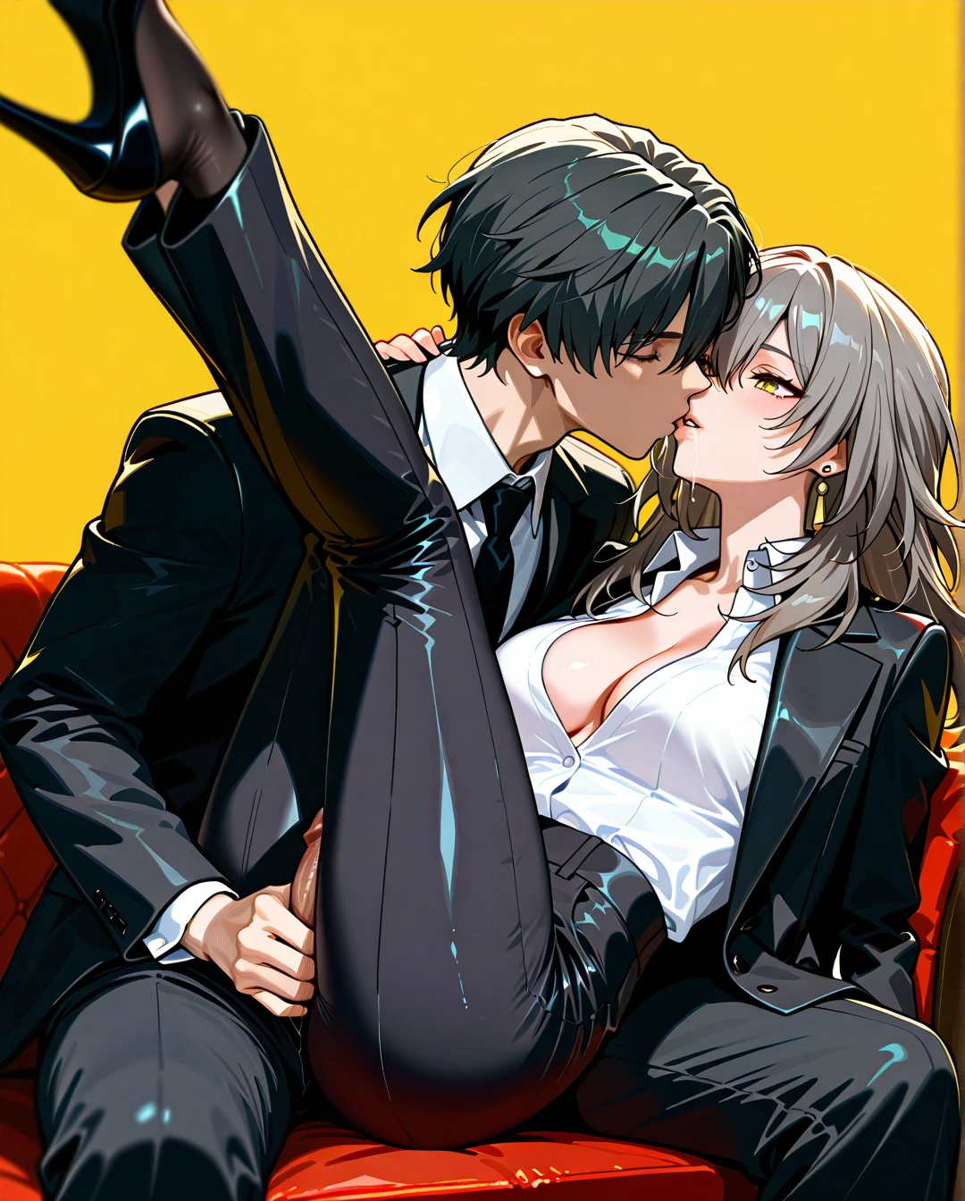 1boy, nude boy, 1girl, black jacket, black necktie, black pants, breasts, cleavage, collared shirt, dress shirt, earrings, formal, grey hair, hair between eyes, high-waist pants, classic jacket, jewelry, large breasts, long hair, long sleeves, medium breasts, necktie, open clothes, open jacket, classic pants, parted lips, shirt, shirt tucked in, stelle (honkai: star rail), suit, white shirt, yellow background, yellow eyes, heels, black tie, black socks, saliva, full body, (legs_up), (sitting), kissing, (handjob), (breasts_out),(clothed_female_nude_male), thighjob,