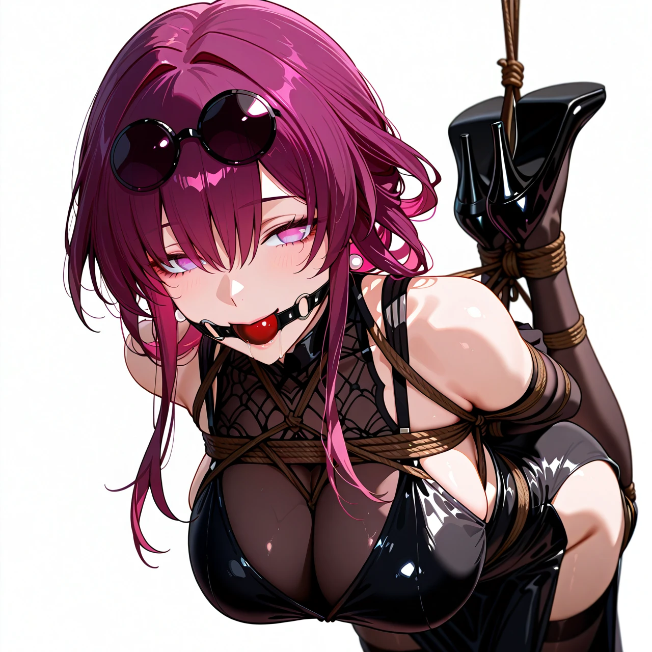 1girl, alternate costume, bare shoulders, black dress, black gloves, black thighhighs, breasts, cleavage, dress, elbow gloves, gloves, kafka \(honkai: star rail\), large breasts, long hair, purple eyes, purple hair, see-through cleavage, side slit, sleeveless dress, smile, solo, thighhighs, white background, heels bondage, gagged, gag, ball gag, bound, bound ankles, bound arms, bound legs, rope pattern on chest, black rope, (bondage), (shibari),