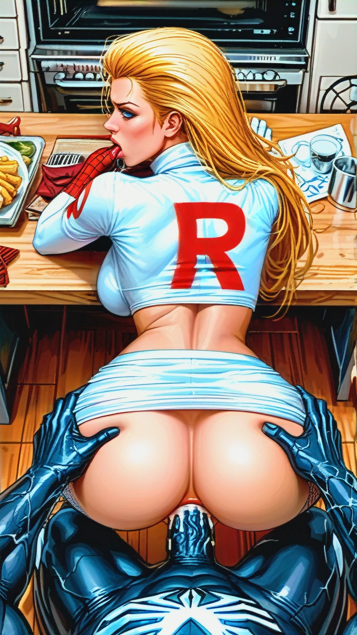 @jessie, deep eye contact, team rocket costume, thigh high boots, (anal), fucked by @spider-man and @venom, reverse cowgirl, (breasts_out), (groping), spiderweb over pussy, (upskirt), mini skirt, (cum), fishnet stockings, under kitchen bench, (fellatio), (top-down_bottom-up), (ass_grab)