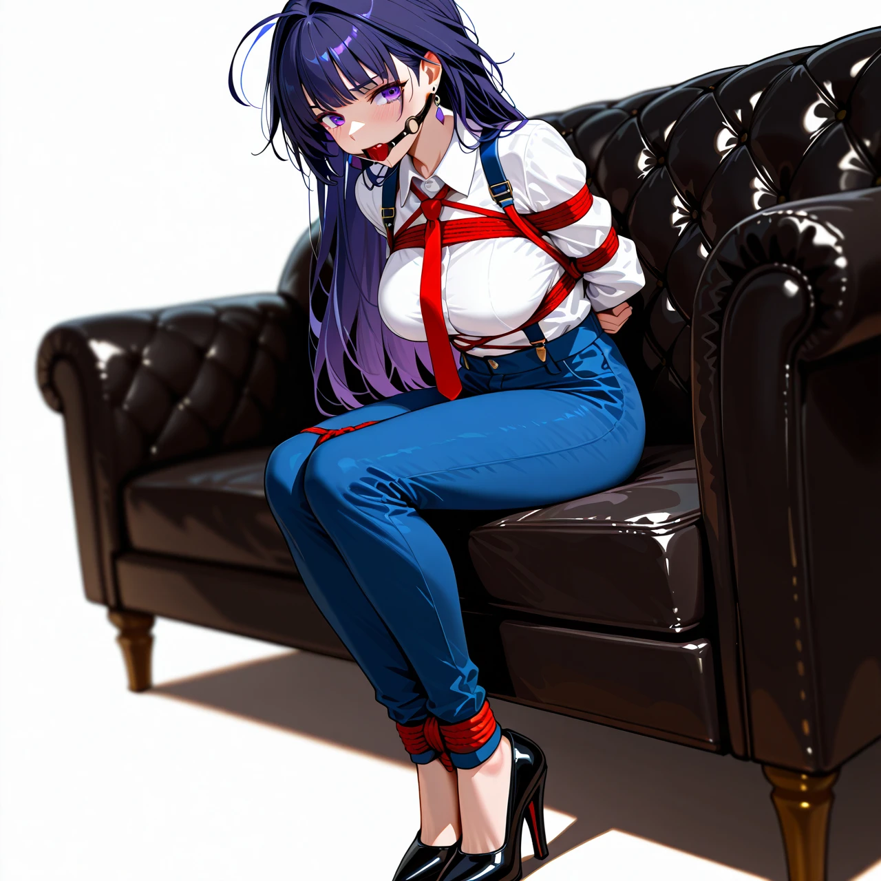 1girl, alternate costume, black footwear, blue pants, breasts, collared shirt, contemporary, couch, earrings, full body, high heels, jewelry, large breasts, long hair, long sleeves,  necktie, pants, purple eyes, purple hair, raiden mei, red necktie, shirt, sitting, solo, suspenders, white background, white shirt, bondage, gagged, gag, ball gag, bound, bound ankles, bound arms, bound legs, rope pattern on chest, black rope, (bondage), (shibari)