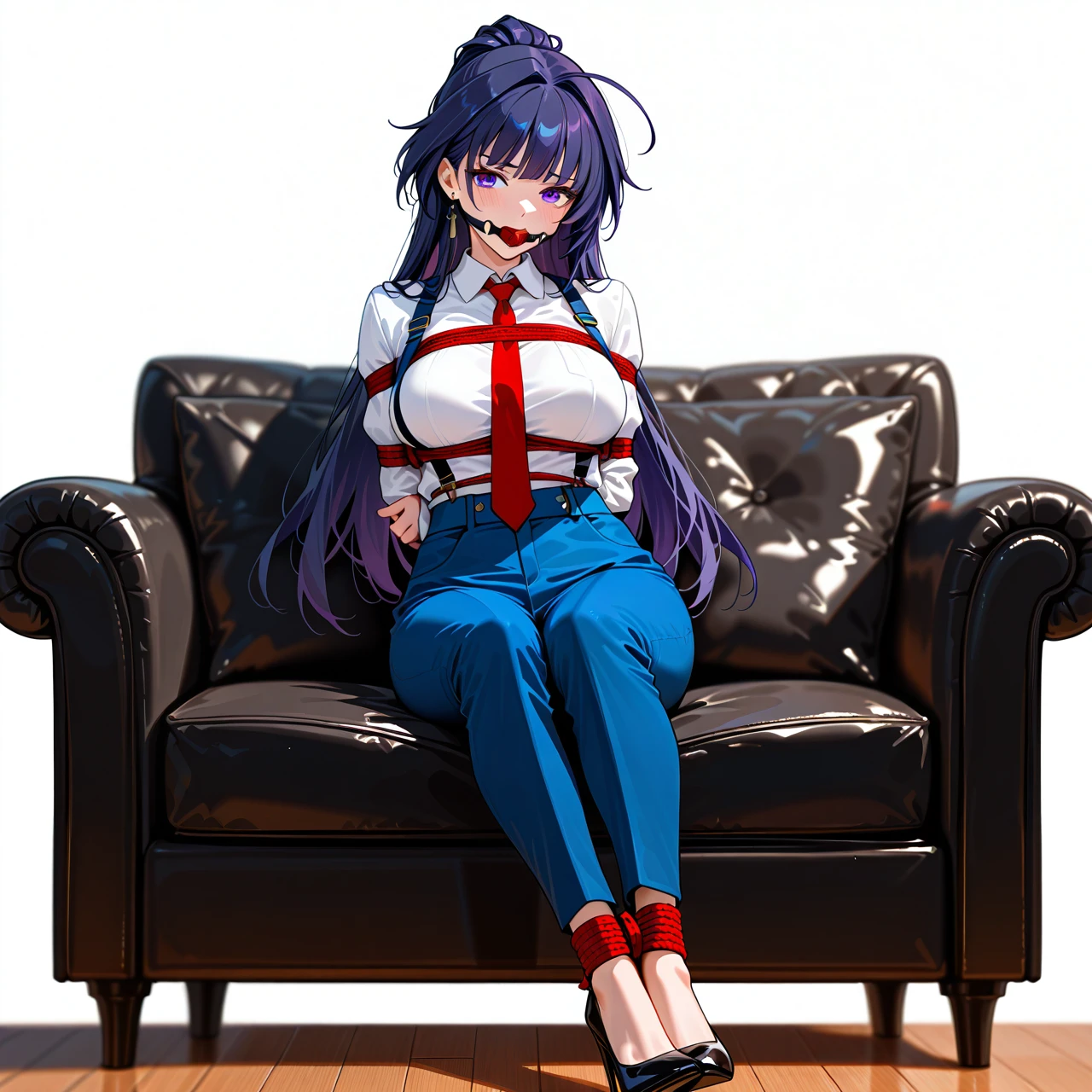 1girl, alternate costume, black footwear, blue pants, breasts, collared shirt, contemporary, couch, earrings, full body, high heels, jewelry, large breasts, long hair, long sleeves,  necktie, pants, purple eyes, purple hair, raiden mei, red necktie, shirt, sitting, solo, suspenders, white background, white shirt, bondage, gagged, gag, ball gag, bound, bound ankles, bound arms, bound legs, rope pattern on chest, black rope, (bondage), (shibari)