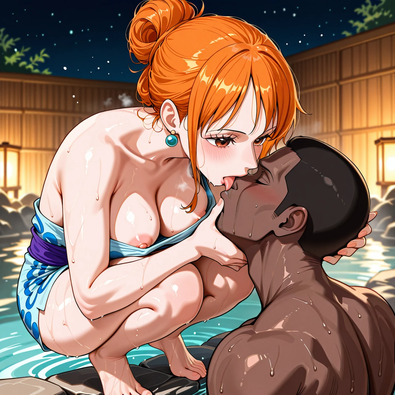 male foot , onsen, sole male, sole female, pulled back hairstyle, (squatting), (mature_female) , (nipple_slip) , (smelling) , @nami , wano blue outfit, kunoichi , interracial,(smelling_feet) , worshipping boy feet, (licking_foot)