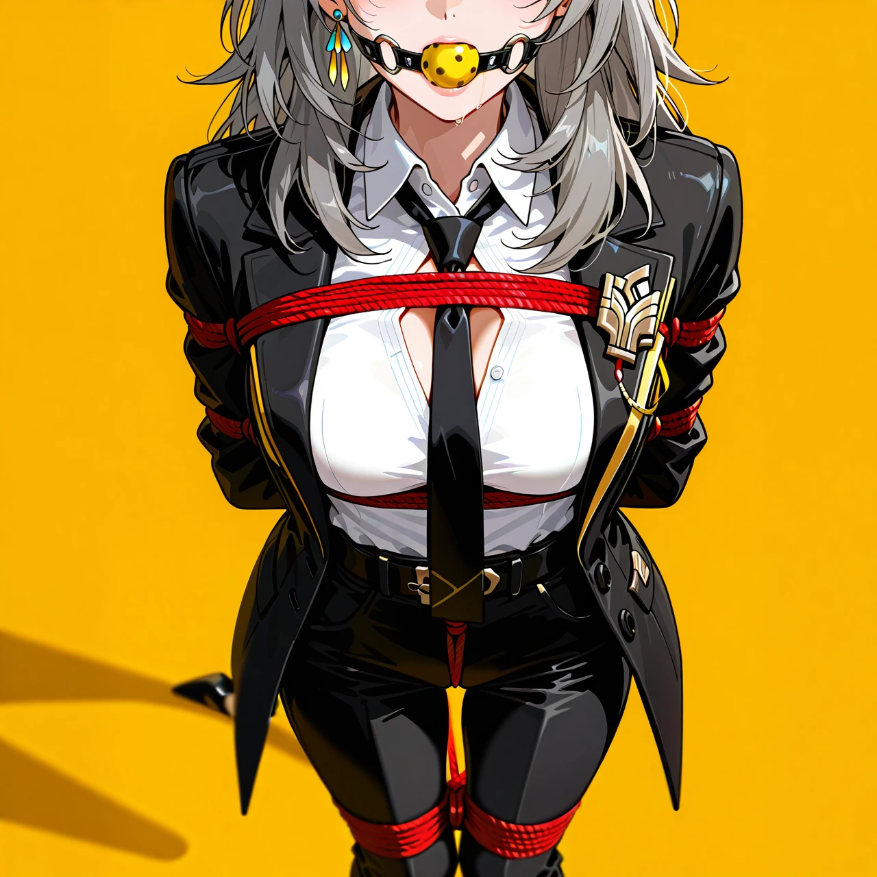 1girl, solo, one girl, belt, black belt, black jacket, black necktie, black pants, bound, bound arms, breasts, cleavage, collared shirt, dress shirt, earrings, formal, grey hair, hair between eyes, high-waist pants, classic jacket, jewelry, large breasts, long hair, long sleeves, medium breasts, necktie, open clothes, open jacket, classic pants, parted lips, ribbon, shirt, shirt tucked in, stelle \(honkai: star rail\), suit, white shirt, yellow background, yellow eyes, heels, bondage ribbon, gagged, gag, yellow ball gag, bound, bound ankles, bound arms, bound legs, rope pattern on chest, black rope, (bondage), (shibari), yellow ribbons, black tie, black socks