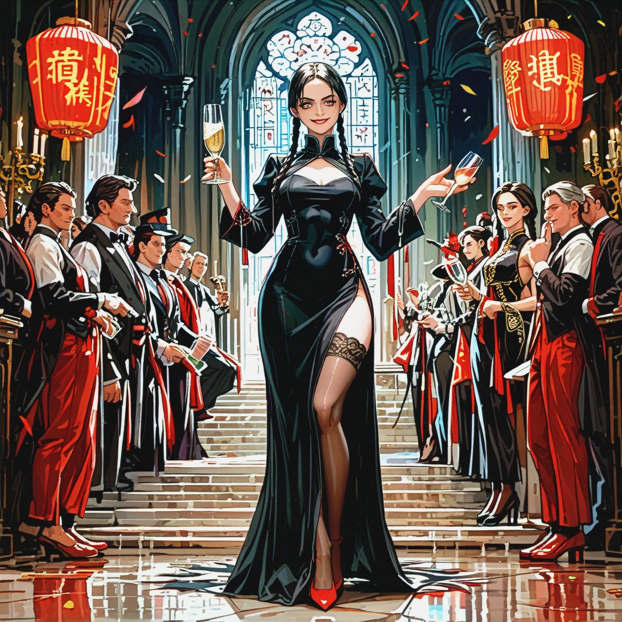 Wednesday Addams, standing, dressed in a red Chinese dress, high slit on the dress, neckline, holding a glass of champagne, smiling, winking, black lace stockings, red high heel, full-length, the lobby of a rich mansion.