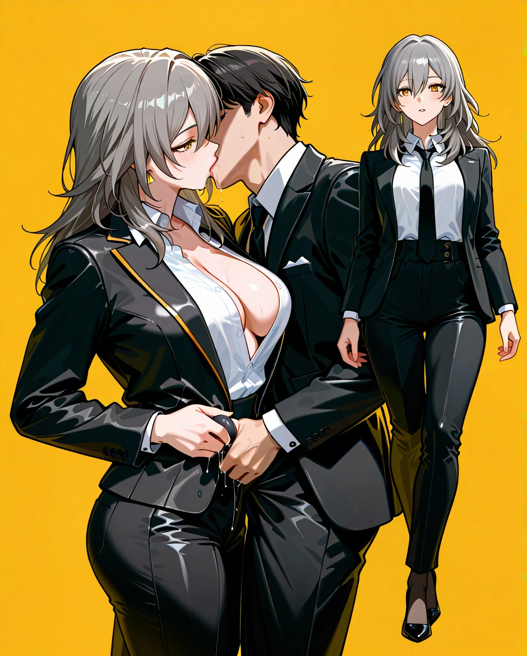 1boy, nude boy, 1girl, black jacket, black necktie, black pants, breasts, cleavage, collared shirt, dress shirt, earrings, formal, grey hair, hair between eyes, high-waist pants, classic jacket, jewelry, large breasts, long hair, long sleeves, medium breasts, necktie, open clothes, open jacket, classic pants, parted lips, shirt, shirt tucked in, stelle (honkai: star rail), suit, white shirt, yellow background, yellow eyes, heels, black tie, black socks, saliva, full body, legs up, kissing, handjob, (handjob)