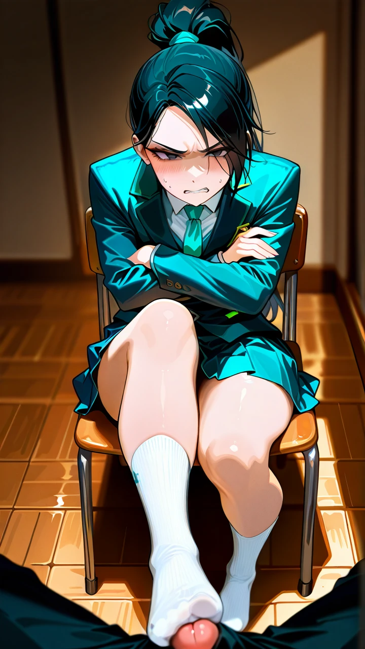 footjob, annoyed, disgusted, shaded eyes, staring, cumming, pov, long hair, crossed arms, black hair, clenched teeth, no blush, dry face, shivering male, ponytail, schoolgirl uniform, long white socks, chair, @sage_(valorant), pov