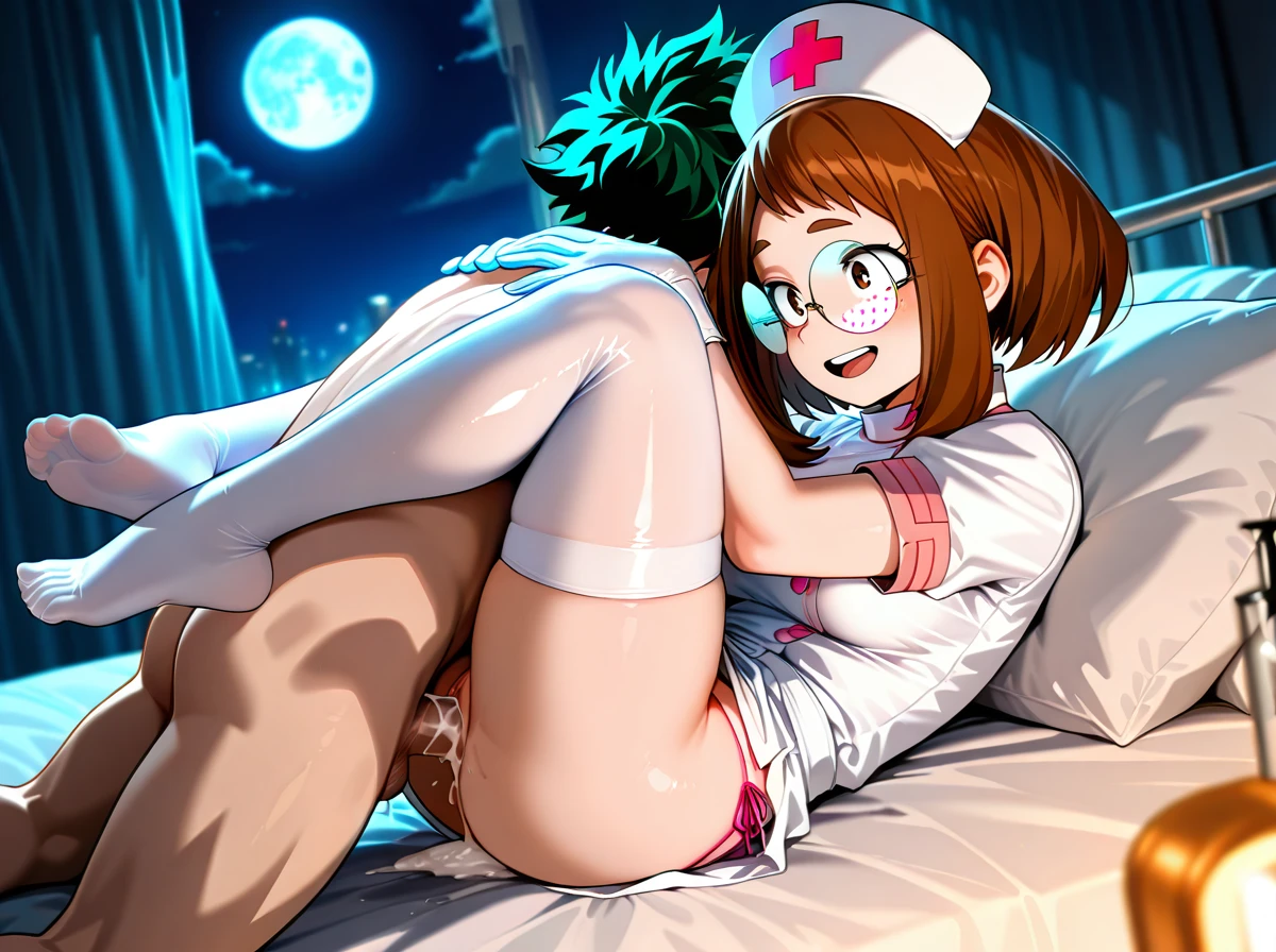 @uraraka_ochako ,@midoriya_izuku, (missionary), brown hair, , long legs, leg_lock, happy, , , nurse uniform,  (full_body) ,g-string  , (cum_in_pussy), (circle_glasses), ,white_thighhighs,latex_blue_gloves, night, moon, looking_at_viewer