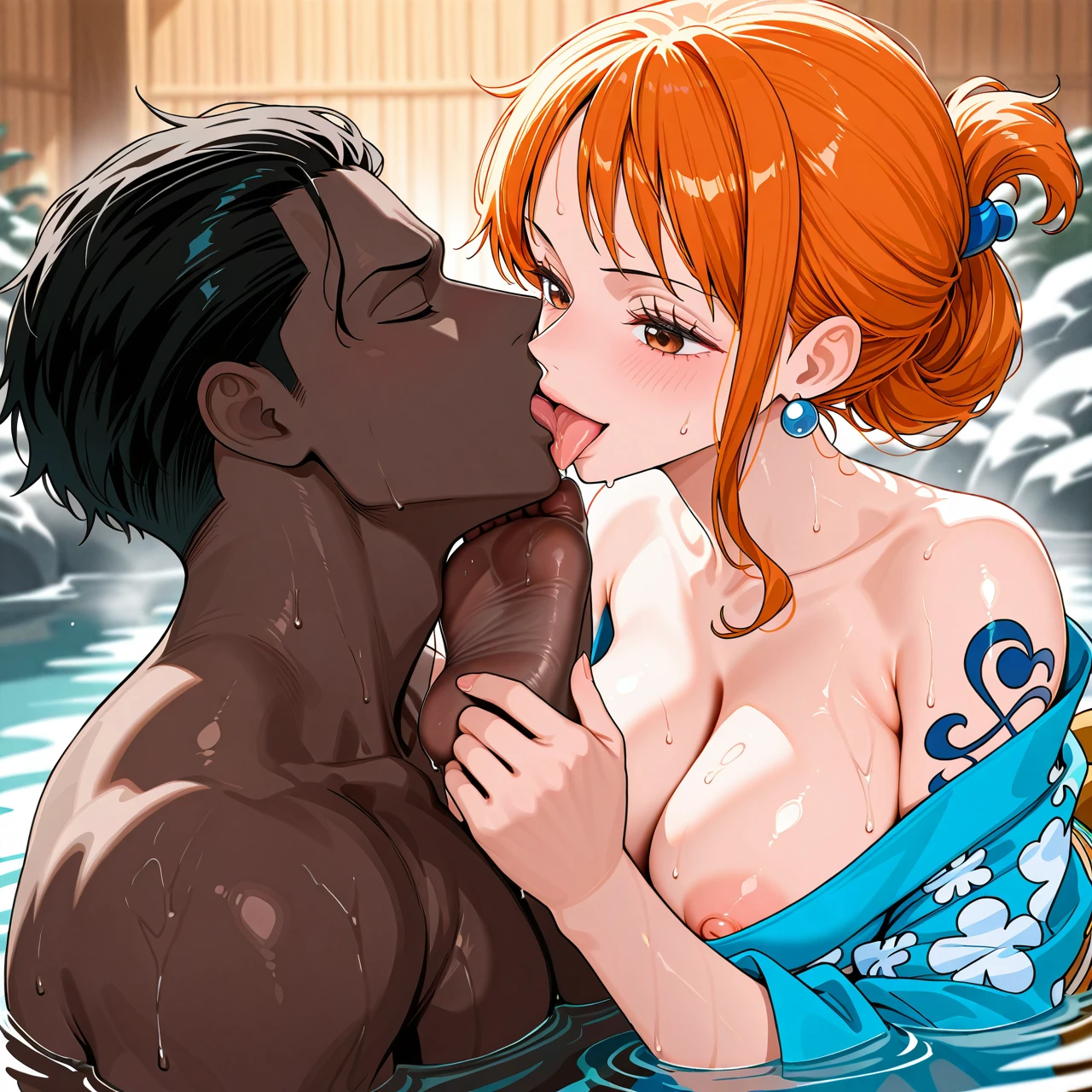 male foot , onsen, sole male, sole female, pulled back hairstyle, (mature_female) , (nipple_slip) , (smelling) , @nami , wano blue outfit, kunoichi , interracial,(smelling_feet) , worshipping boy feet, (licking_foot)