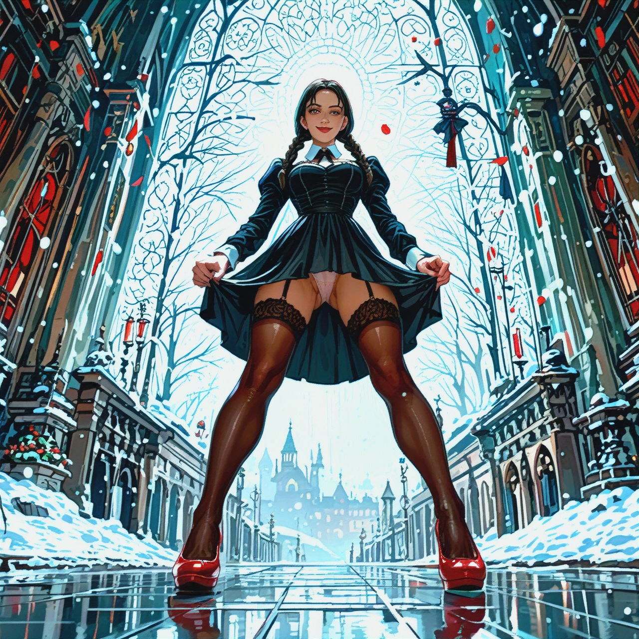 Wednesday Addams, standing, dressed in a Snow White dress, her hem pulled up high, showing off her panties, a lascivious smile, stockings with red stripes, red patent leather shoes, full-length. Bedroom.