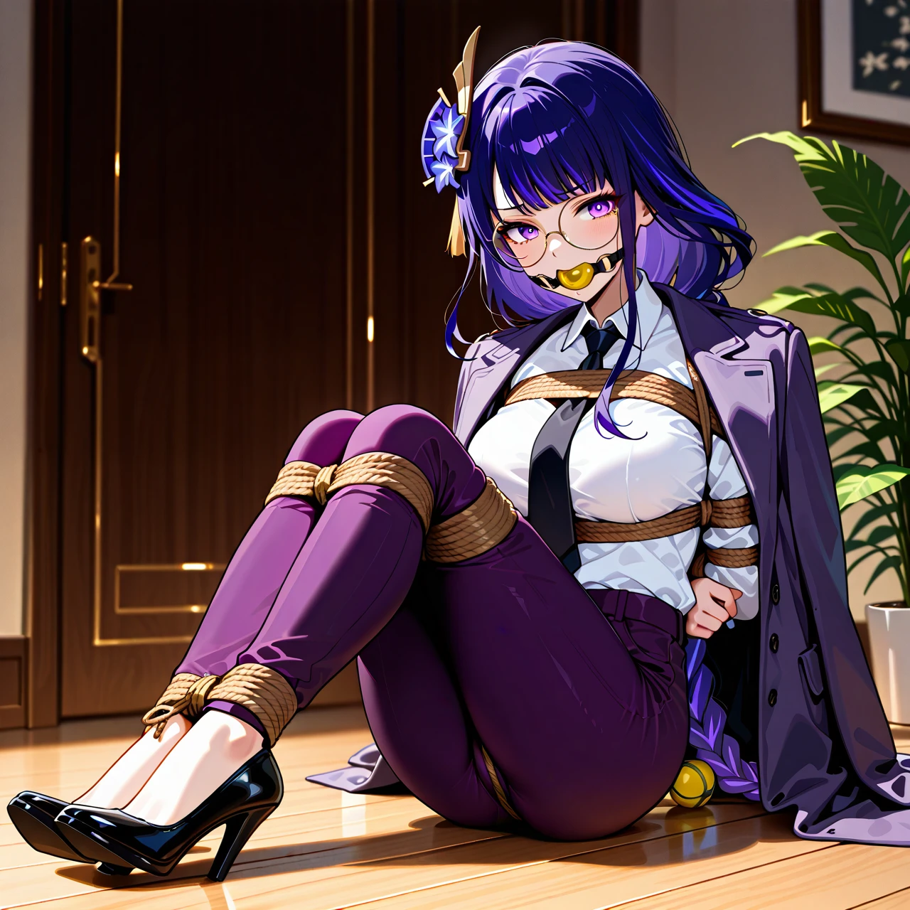 1girl, alternate costume, black necktie, bracelet, braid, braided ponytail, breasts, coat, coat on shoulders, collared shirt, flower, glasses, hair flower, hair ornament, indoors, jacket, jacket on shoulders, jewelry, long hair, long sleeves, necktie,  pants, plant, potted plant, purple eyes, purple hair, purple necktie, purple pants, @raiden_shogun, round eyewear, shirt, very long hair, white shirt, heels, bondage, gagged, gag, yellow ball gag, bound, bound ankles, bound arms, bound legs, rope pattern on chest, black rope, (bondage), (shibari)